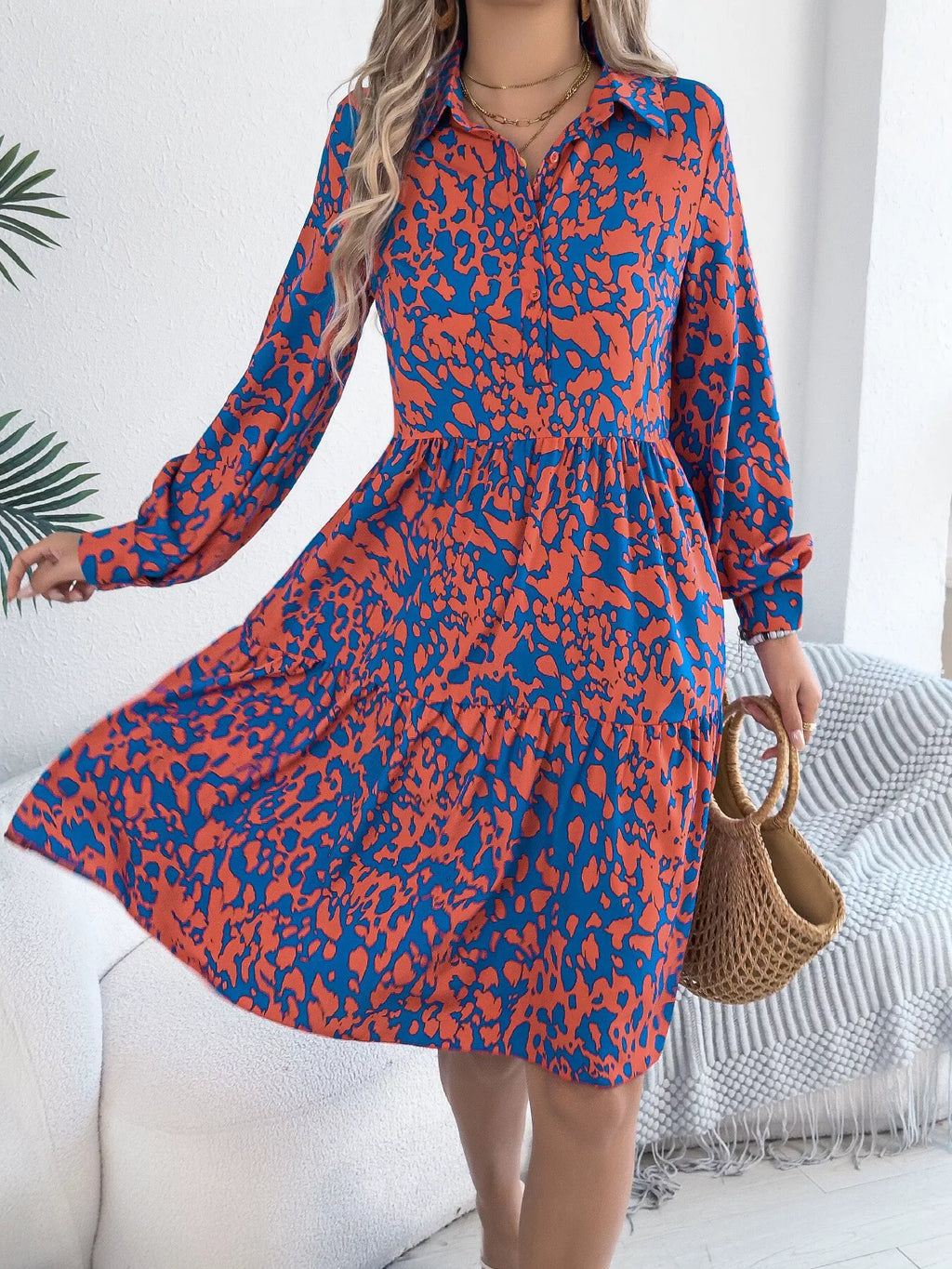 Printed Collared Neck Long Sleeve Dress