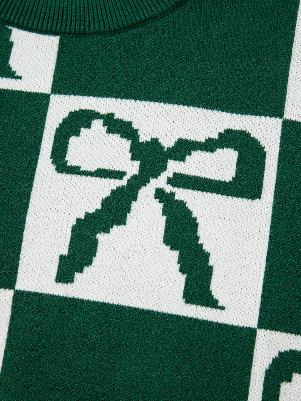 Checkered Bow Round Neck Casual Sweater