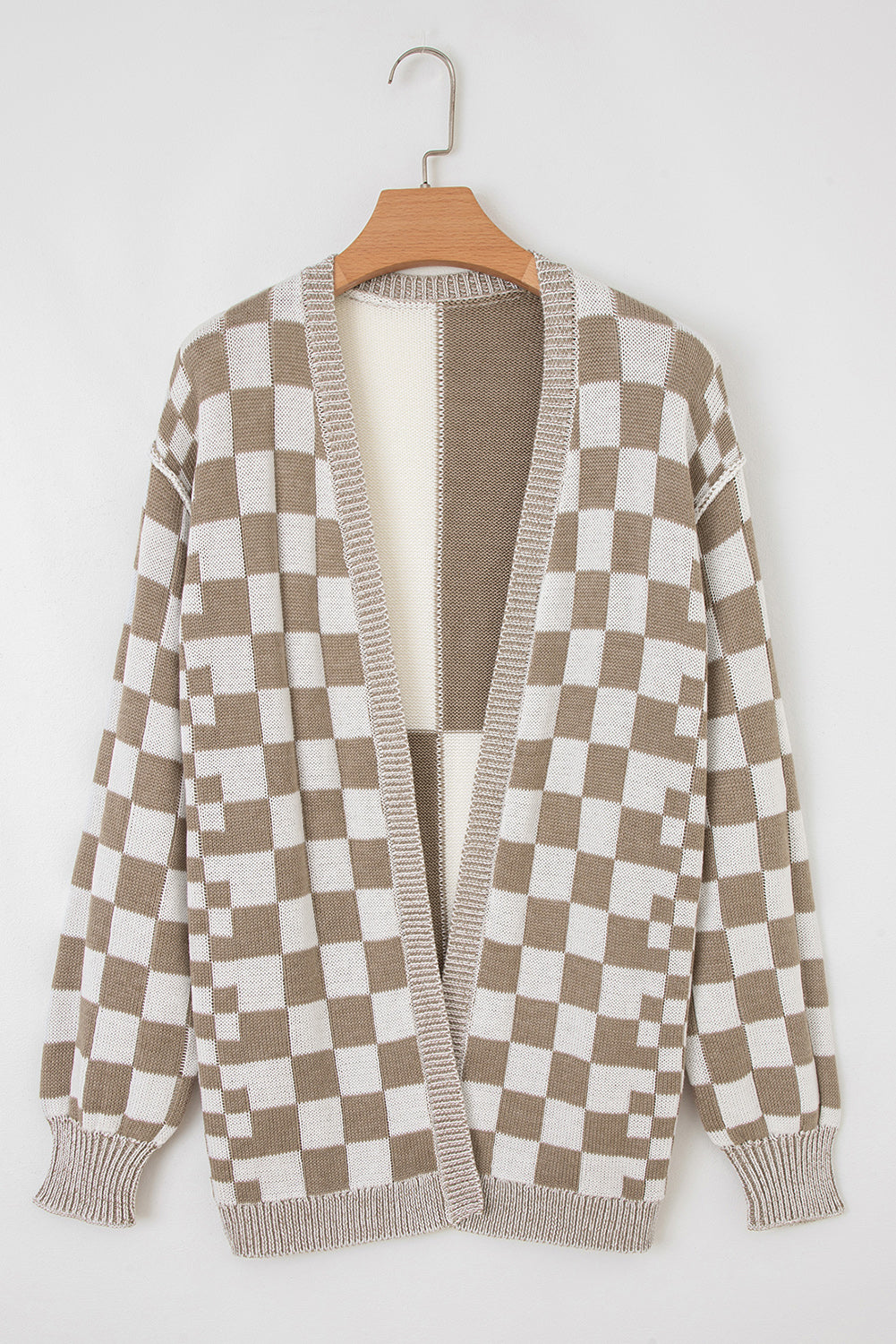 Checker Open Front Drop Shoulder Cardigan