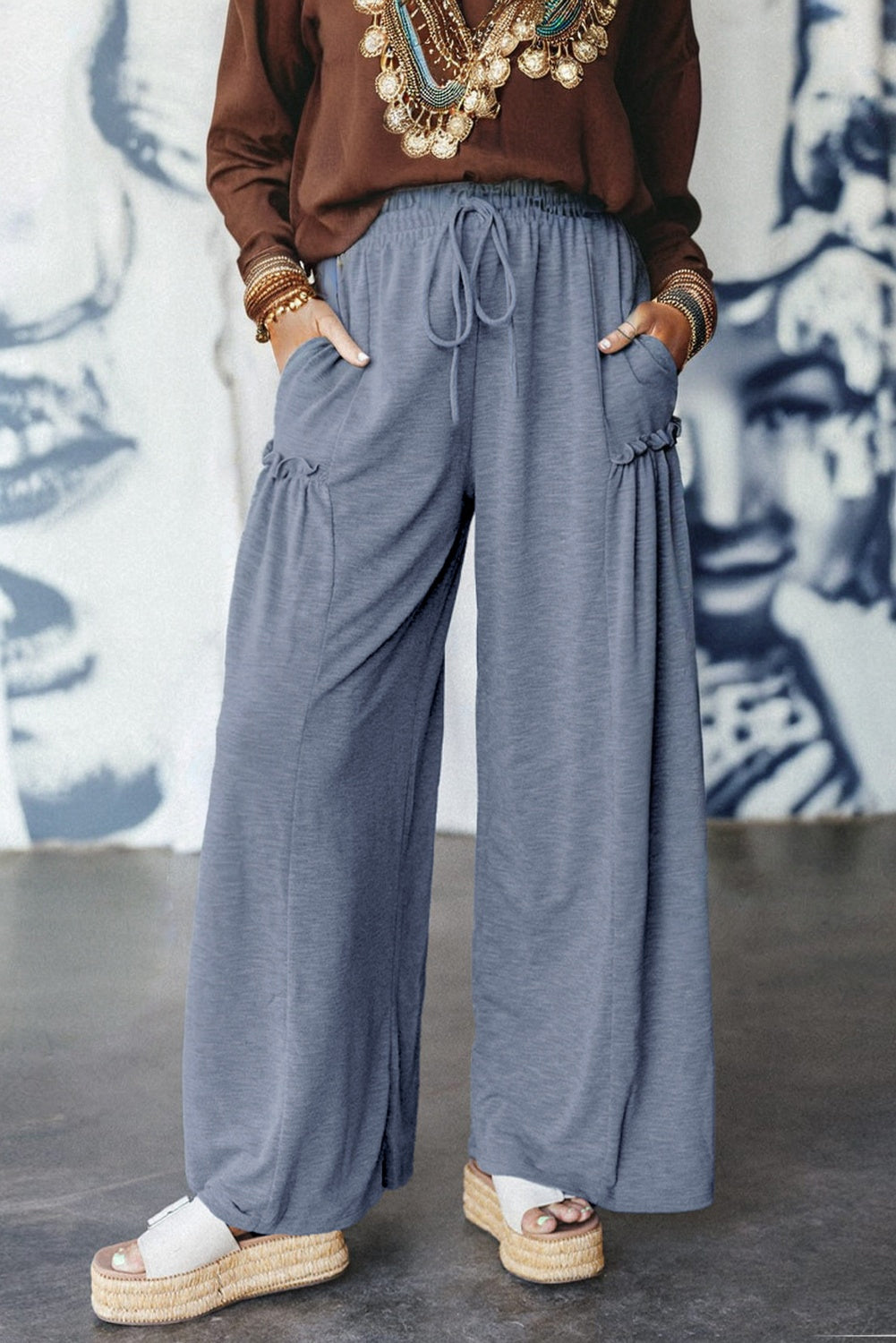 Solid Frilled Leg Drawstring Elastic Waist Pants