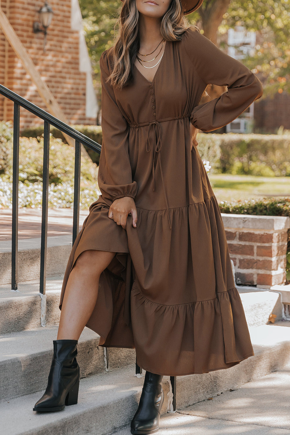 Solid Buttoned V-Neck Long Sleeve Tiered Maxi Dress