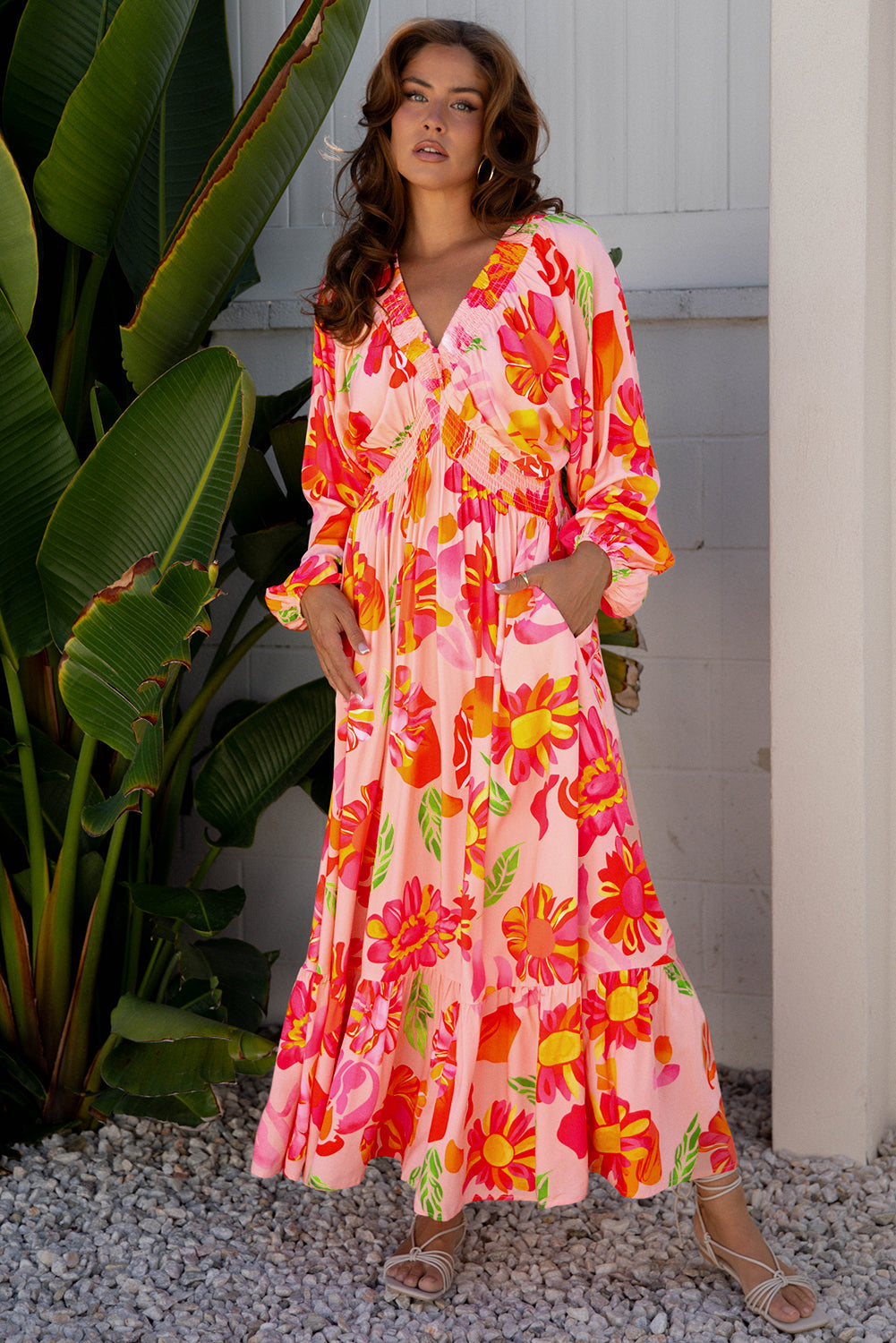 Floral V-Neck Puff Sleeve Maxi Dress