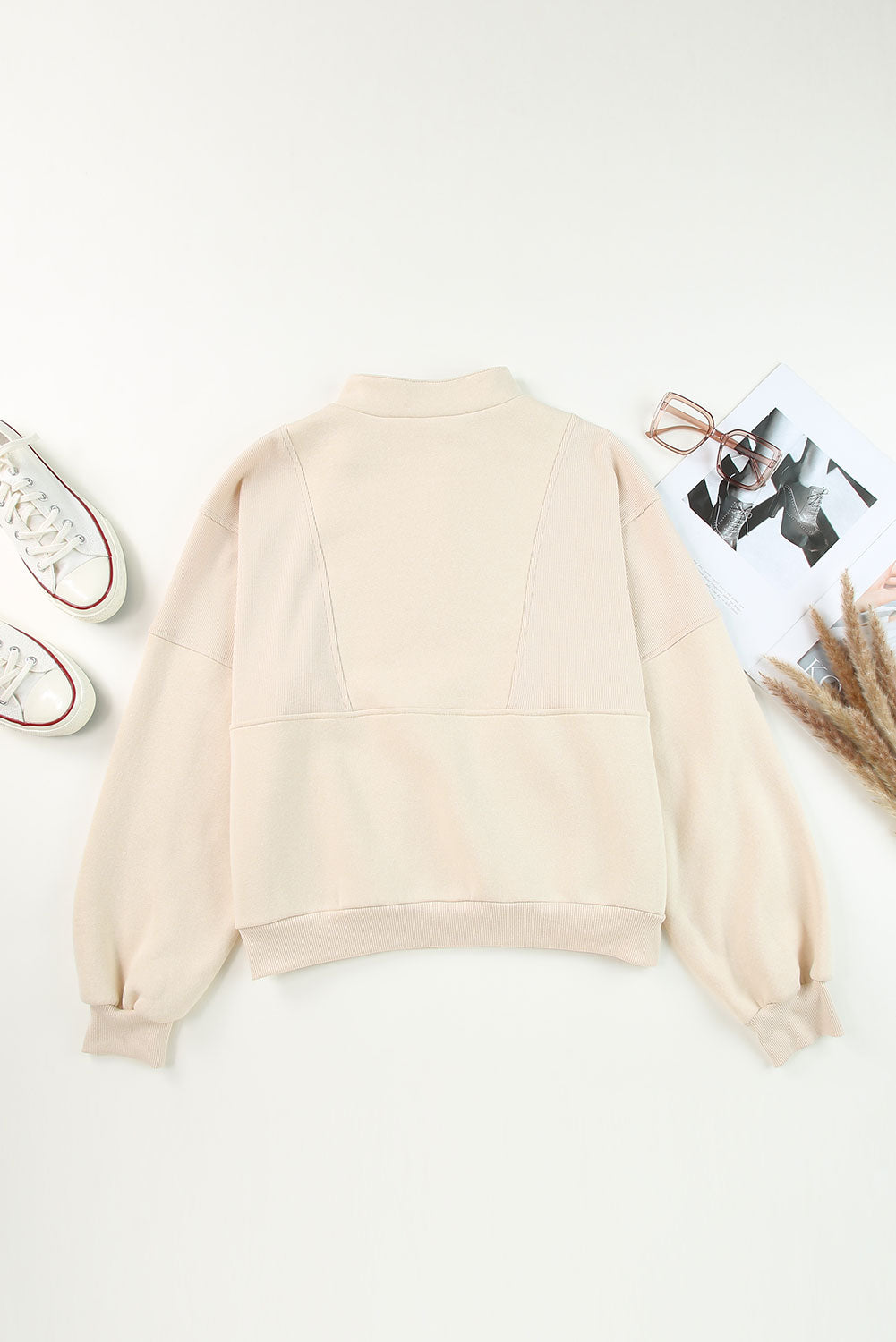 Solid Half-Zip Reverse Seam Pocketed Sweatshirt