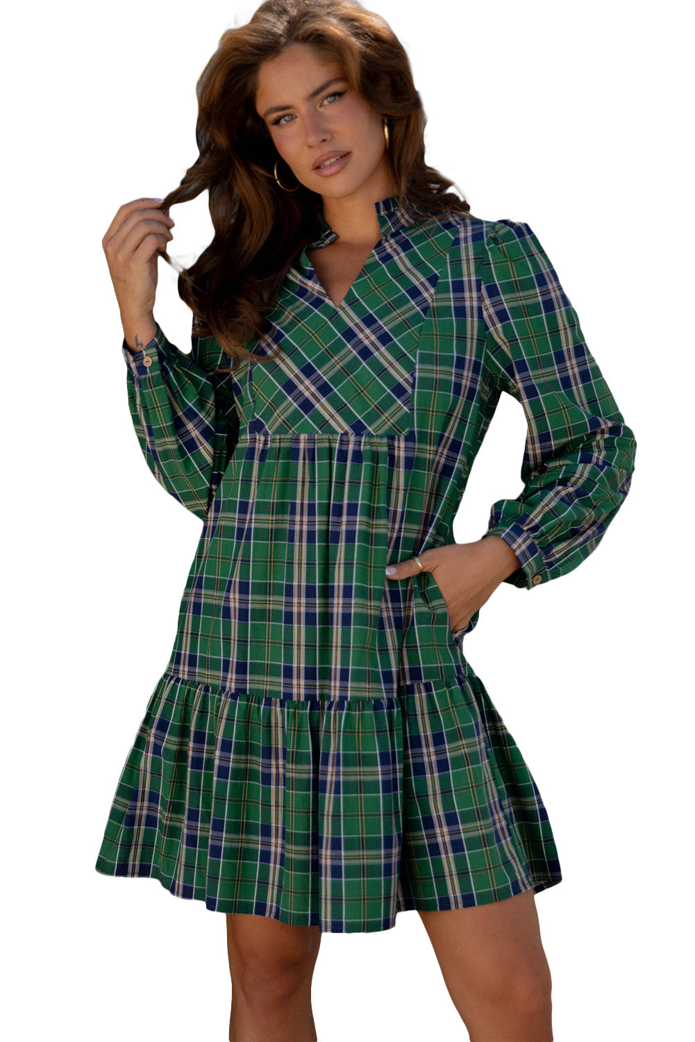 Plaid Frilled Collar Long Sleeve Mini Dress