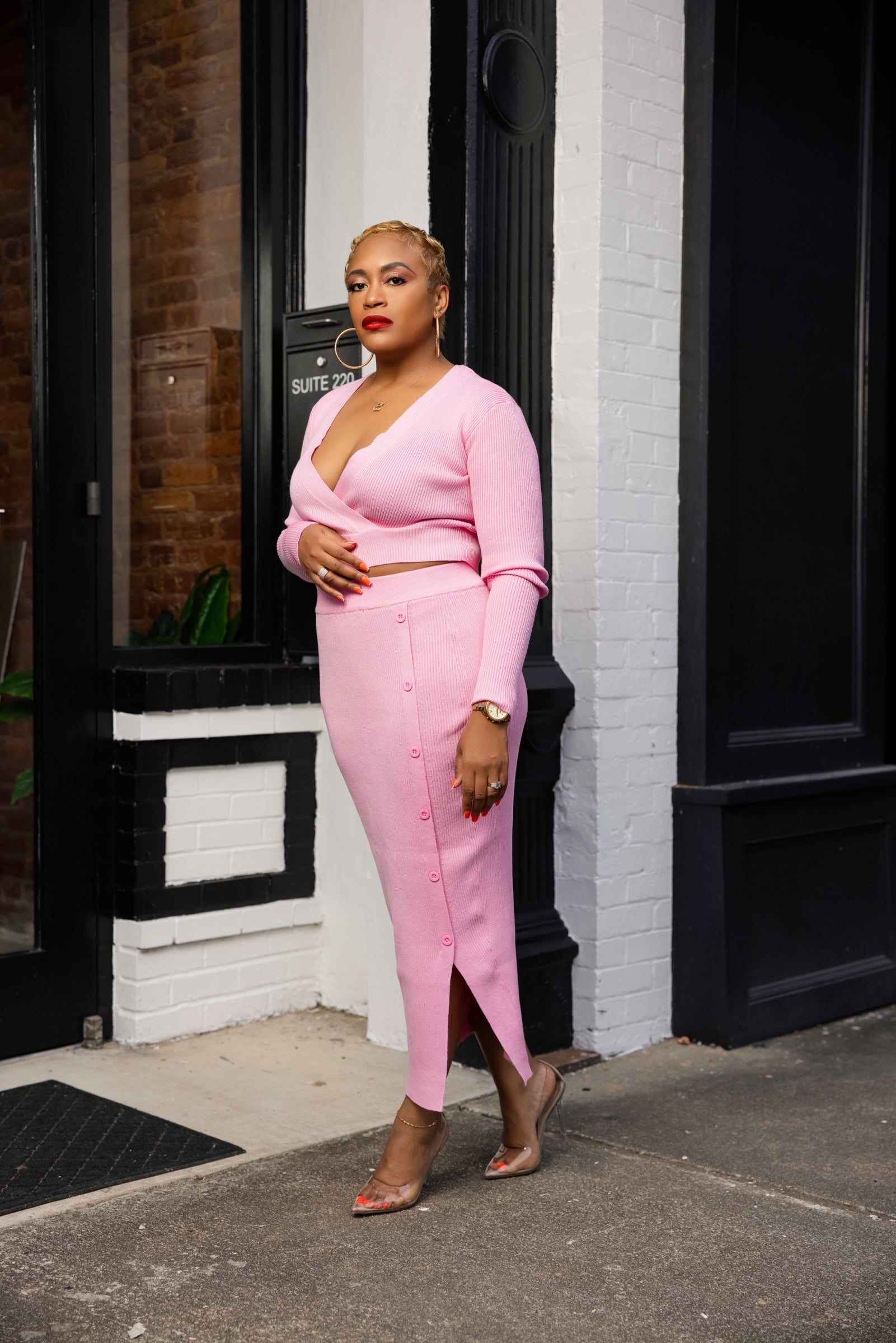 Ribbed Knit Skirt Set - Pink