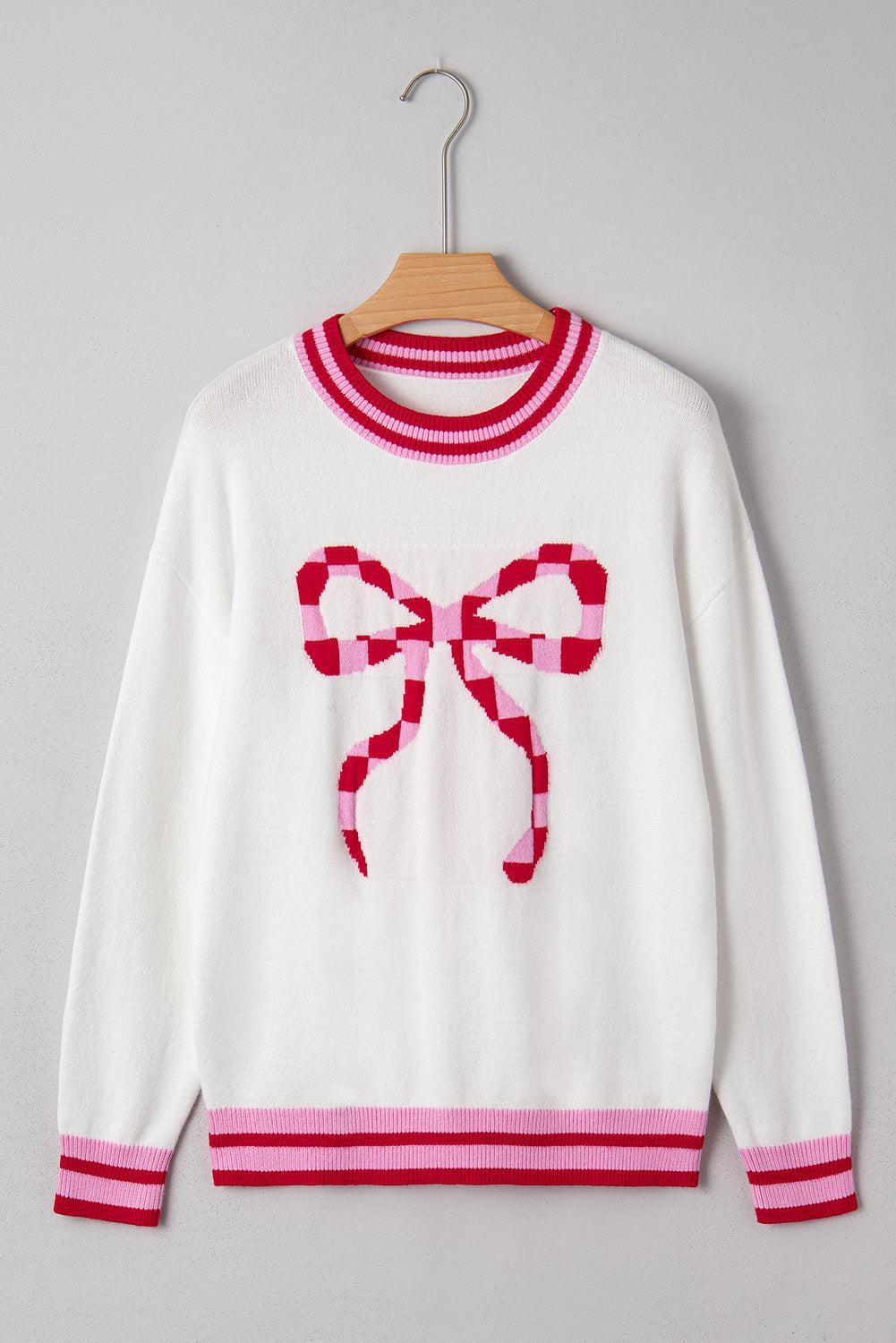 Christmas Stripe Trim Bow Crewneck Sweater