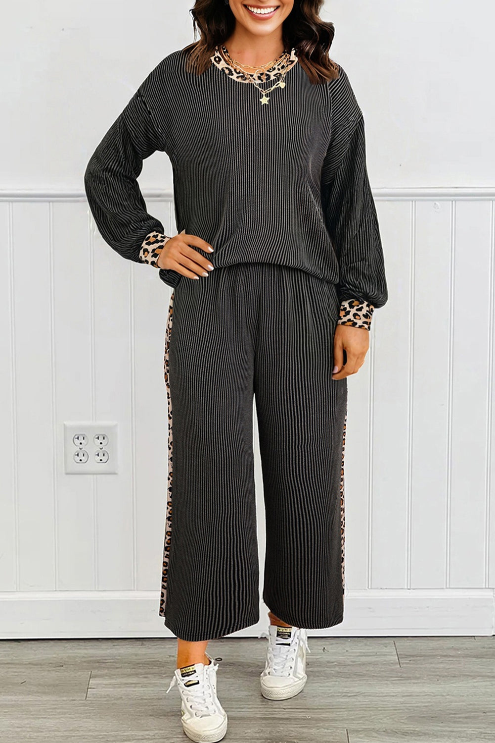 Leopard Corded Knit Top and Pants Set