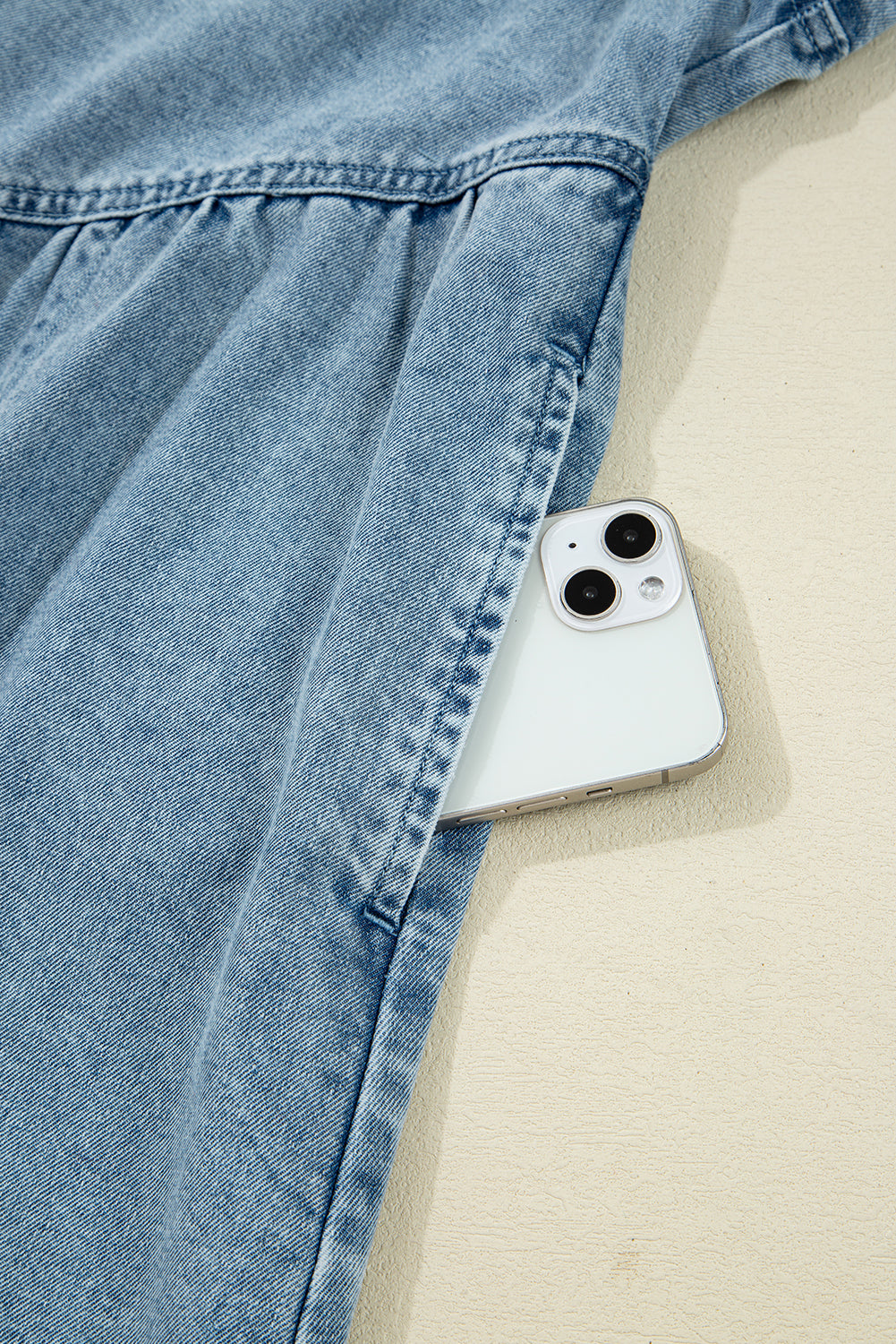 Denim Smocked Cuffs Shirt Mini Dress