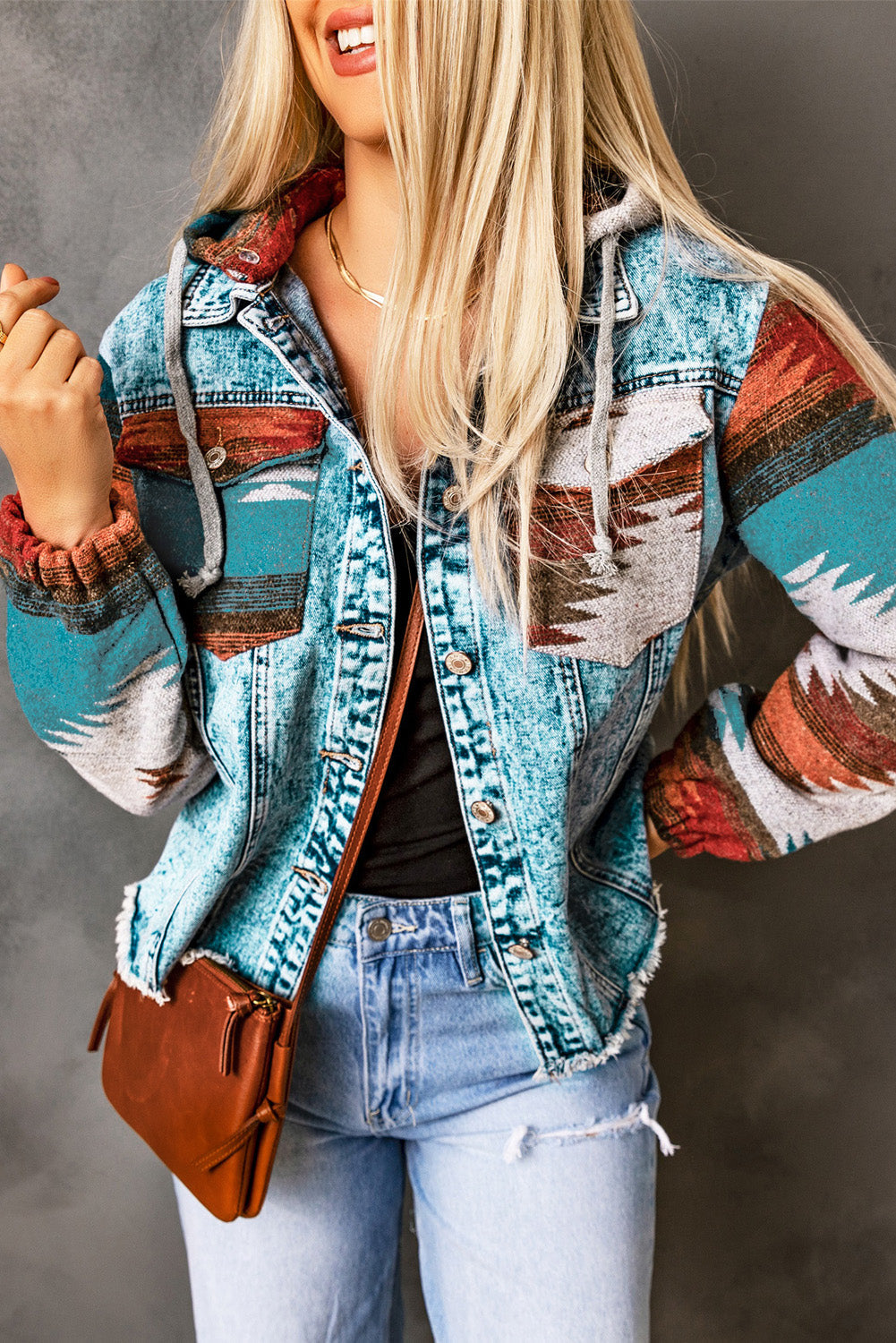 Aztec Denim Frayed Hem Jacket
