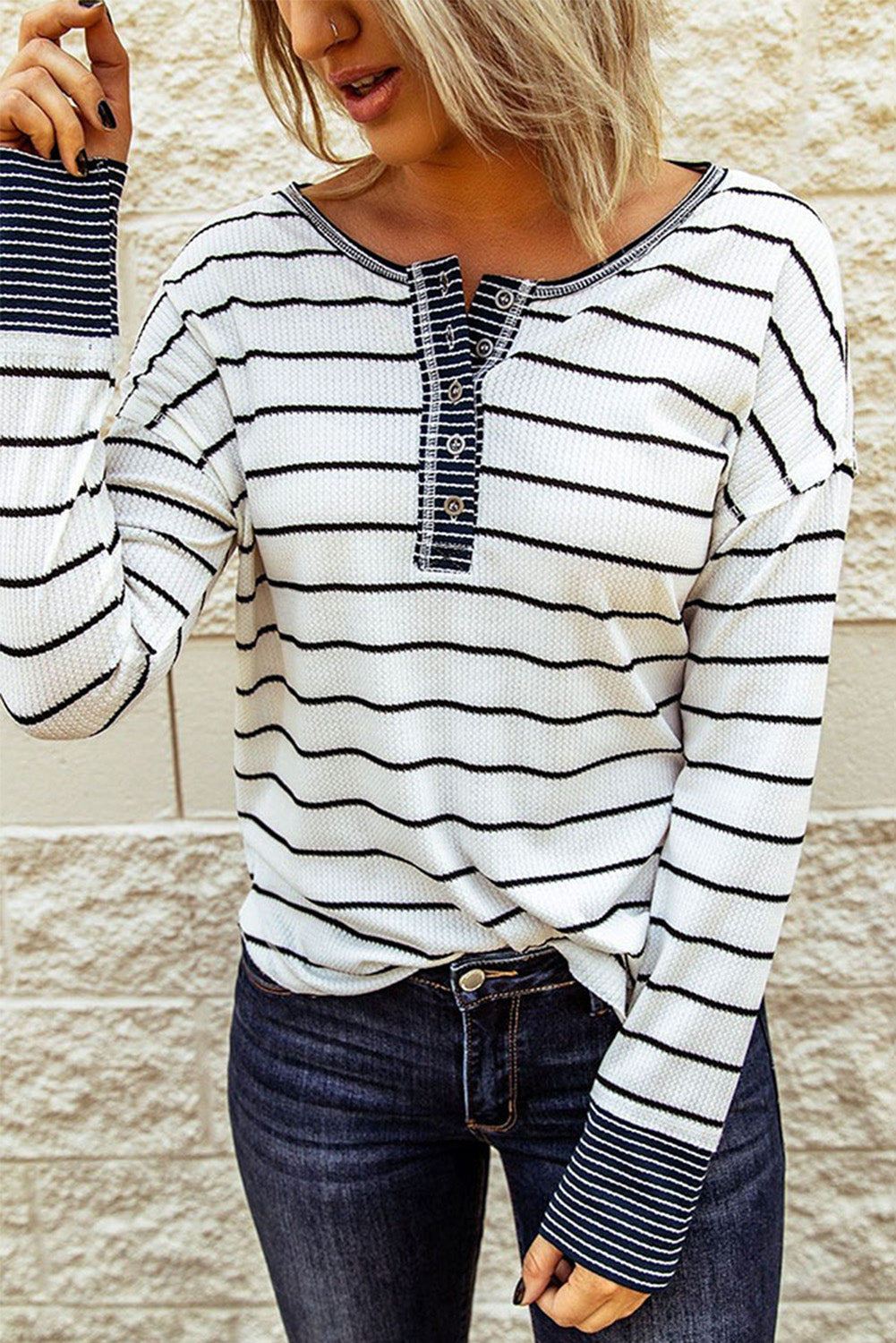 Stripe Waffle Knit Buttoned Henley Top