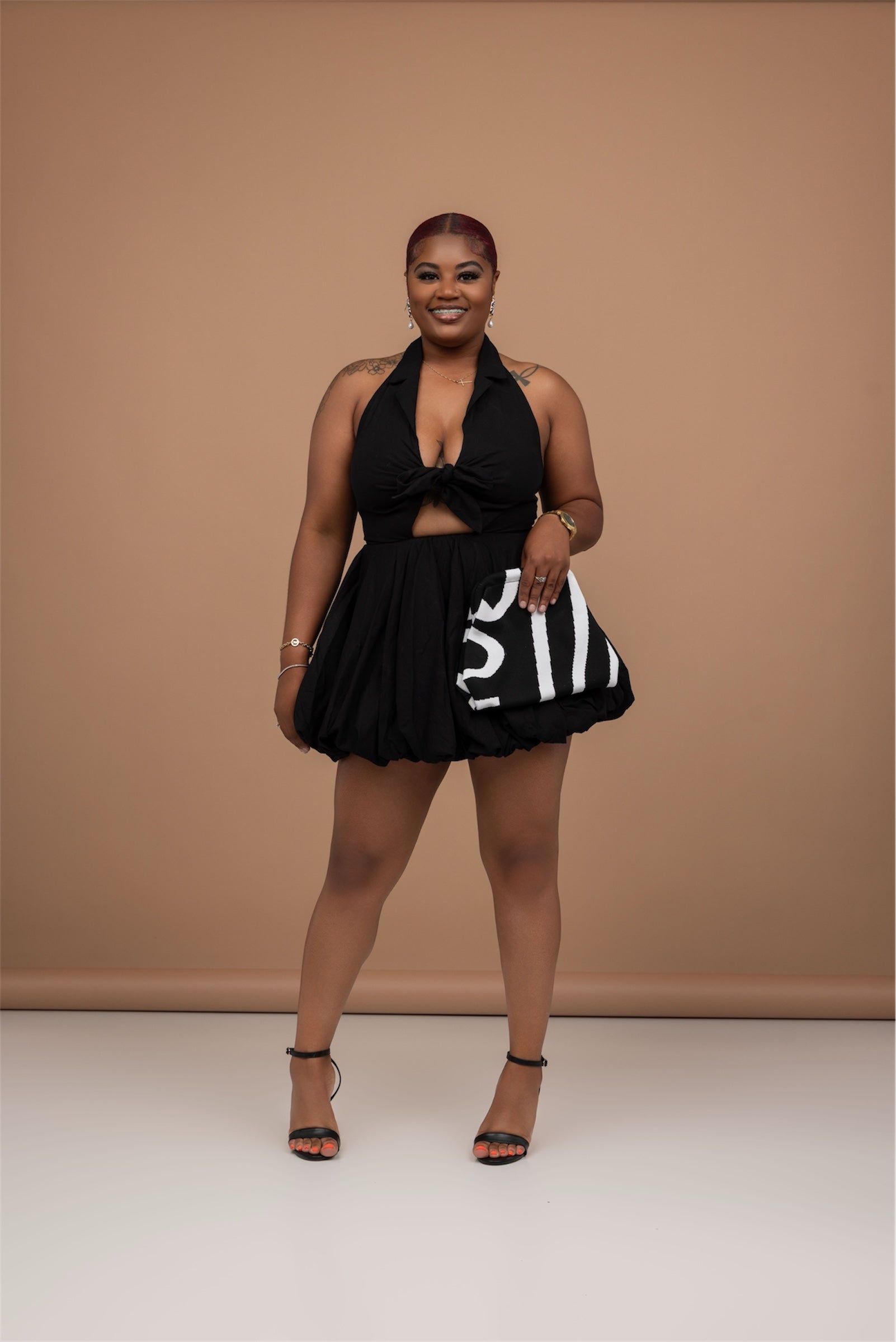 Black Bubble Hem Linen Halter Dress