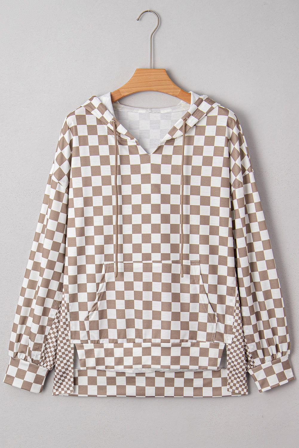 Checker Patchwork Tie Neck Oversized Hoodie