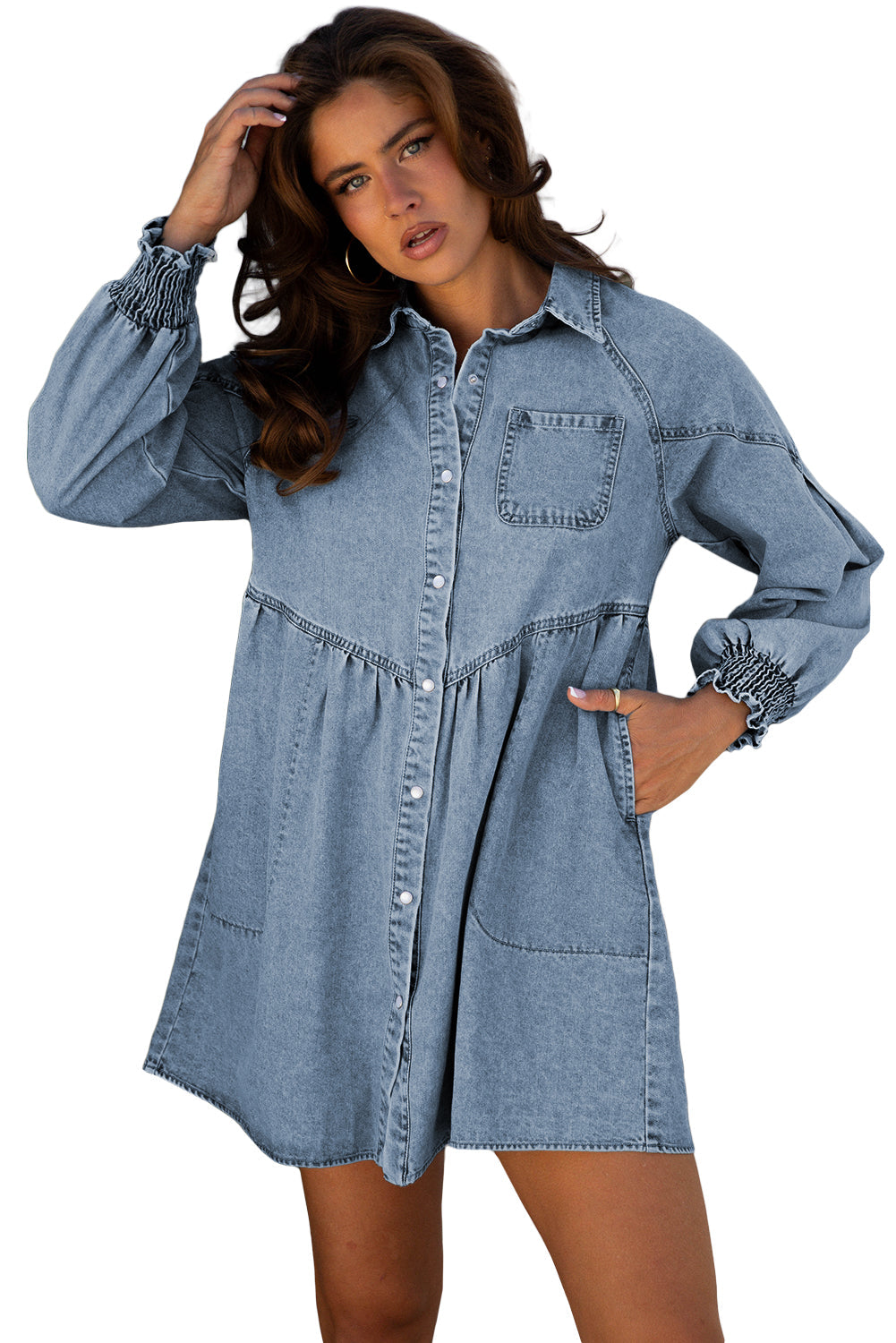 Denim Smocked Cuffs Shirt Mini Dress