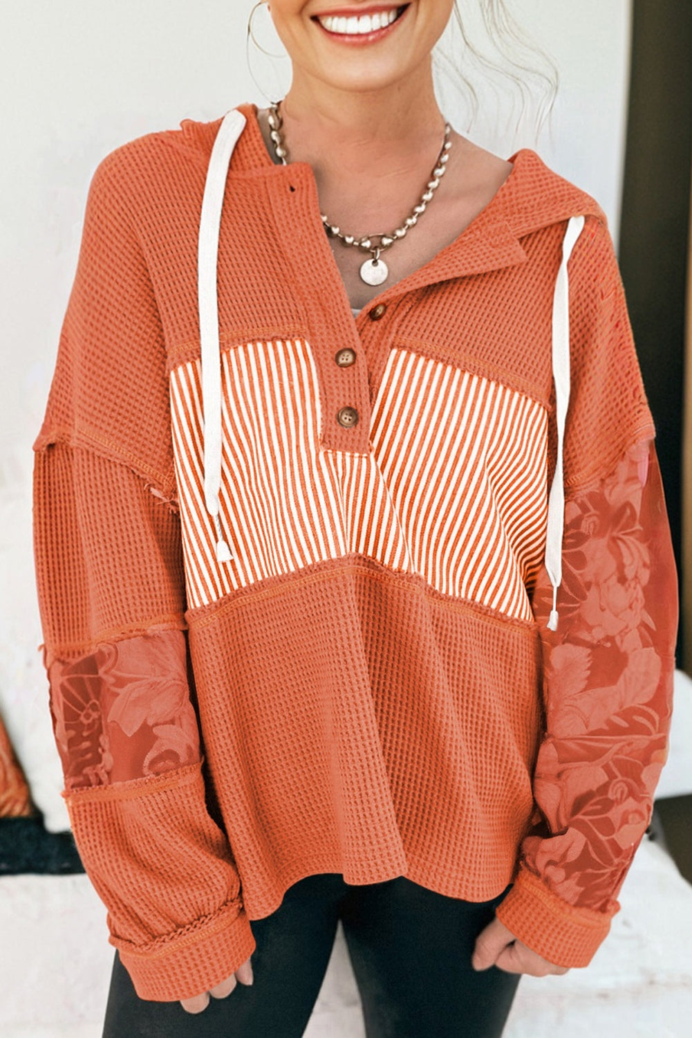 Stripe Waffle Patchwork Hooded Long Sleeve Top