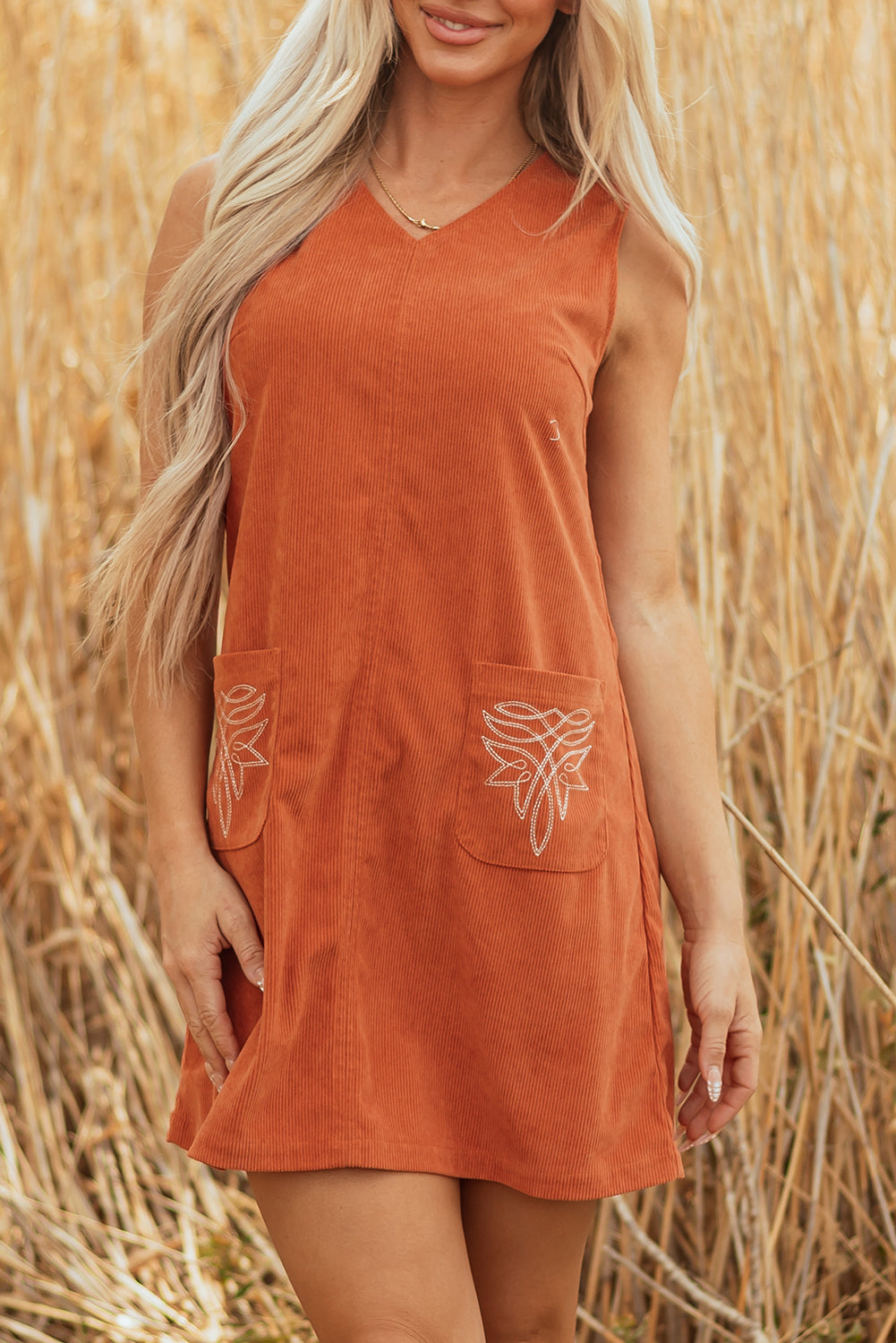 Western Corduroy Embroidered Patch Pocket Mini Dress