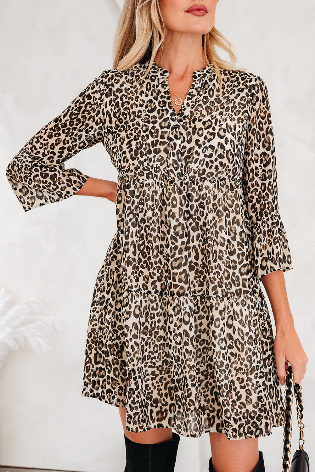 Leopard 3/4 Sleeve V-Neck Dress