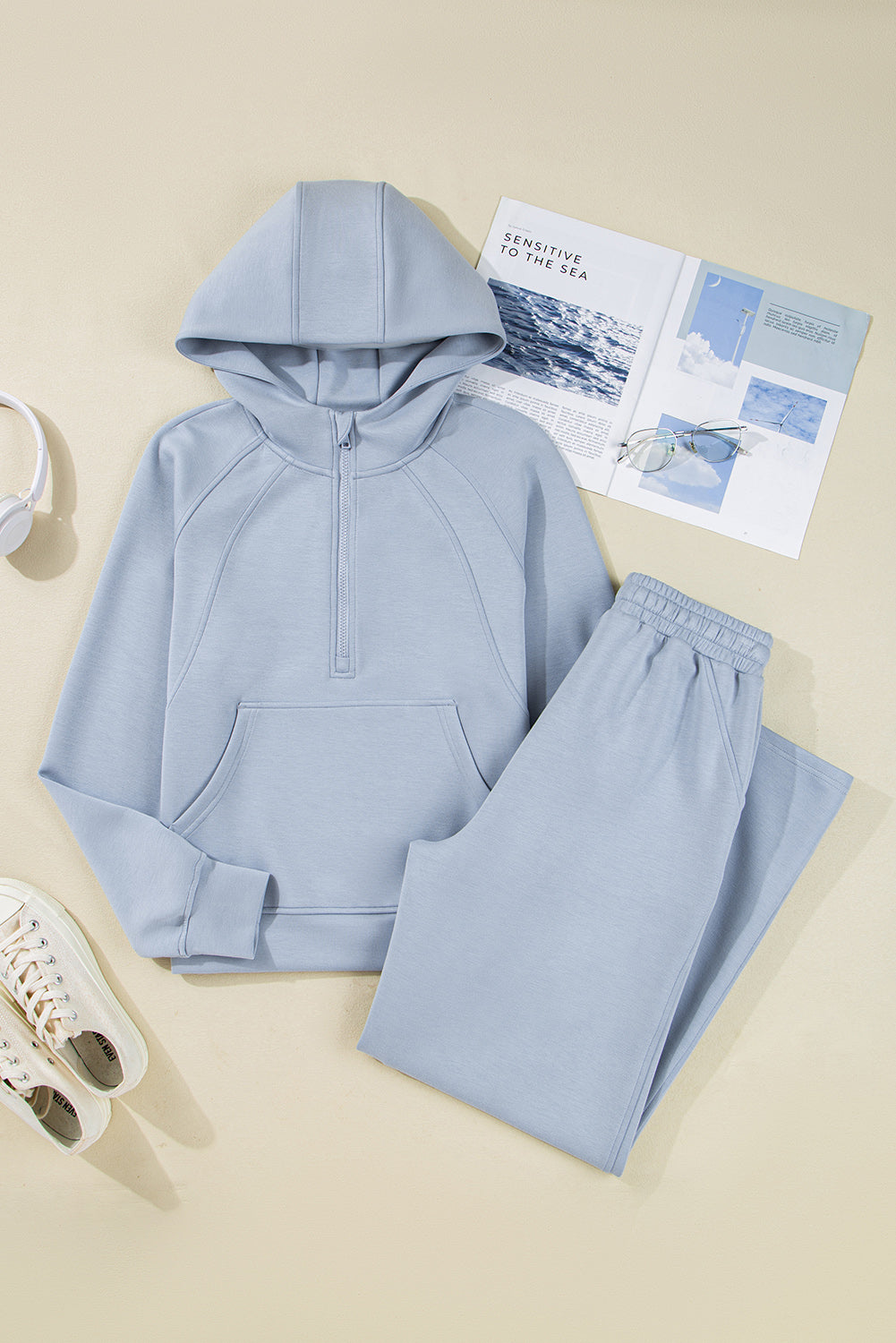 Solid Half- Zip Hoodie and Pants Set