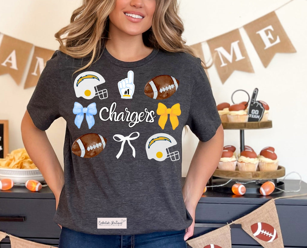 Chargers Football Coquette Spirit Tee, Sweatshirt or Hoodie