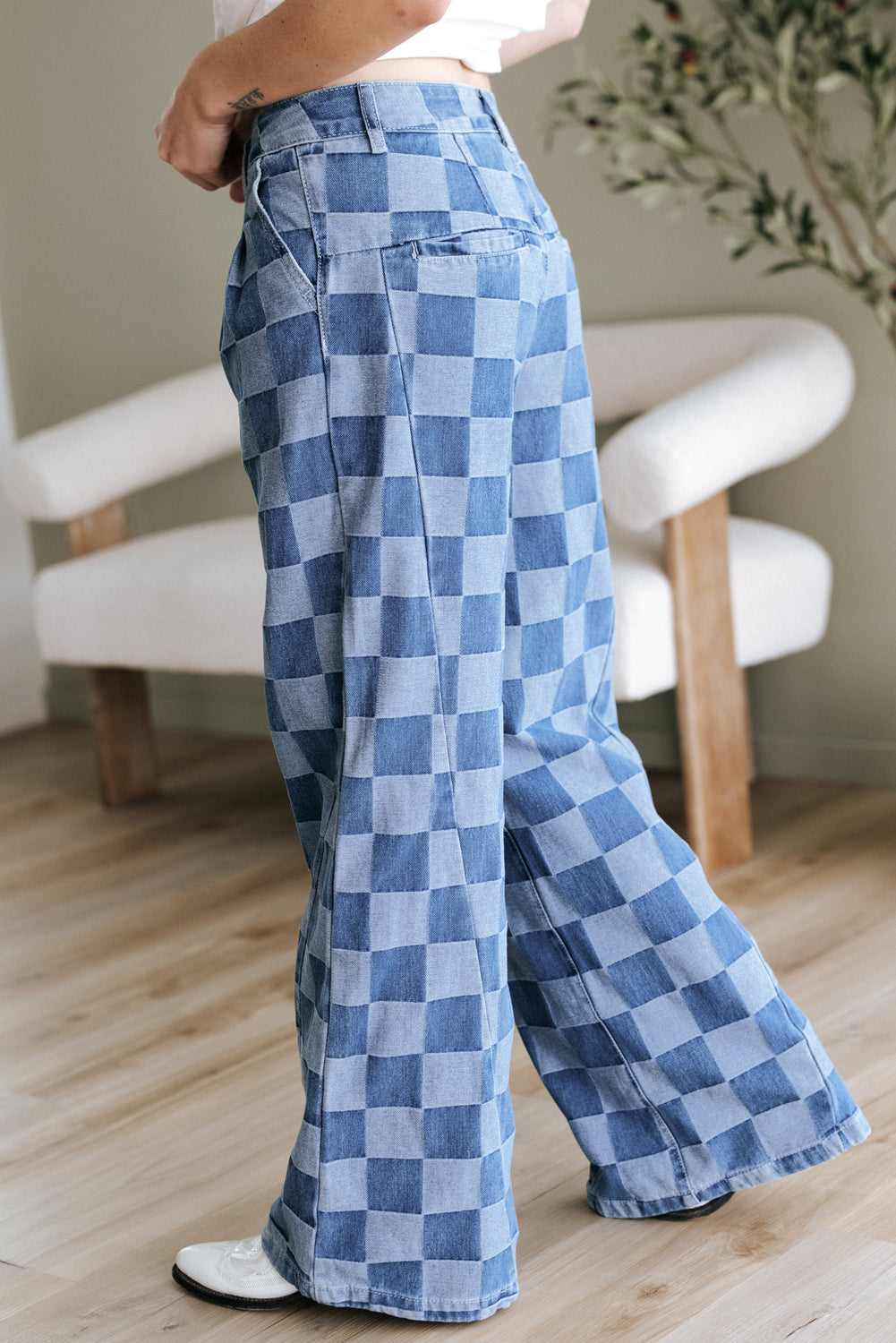 Checker Denim Wide Leg Jeans