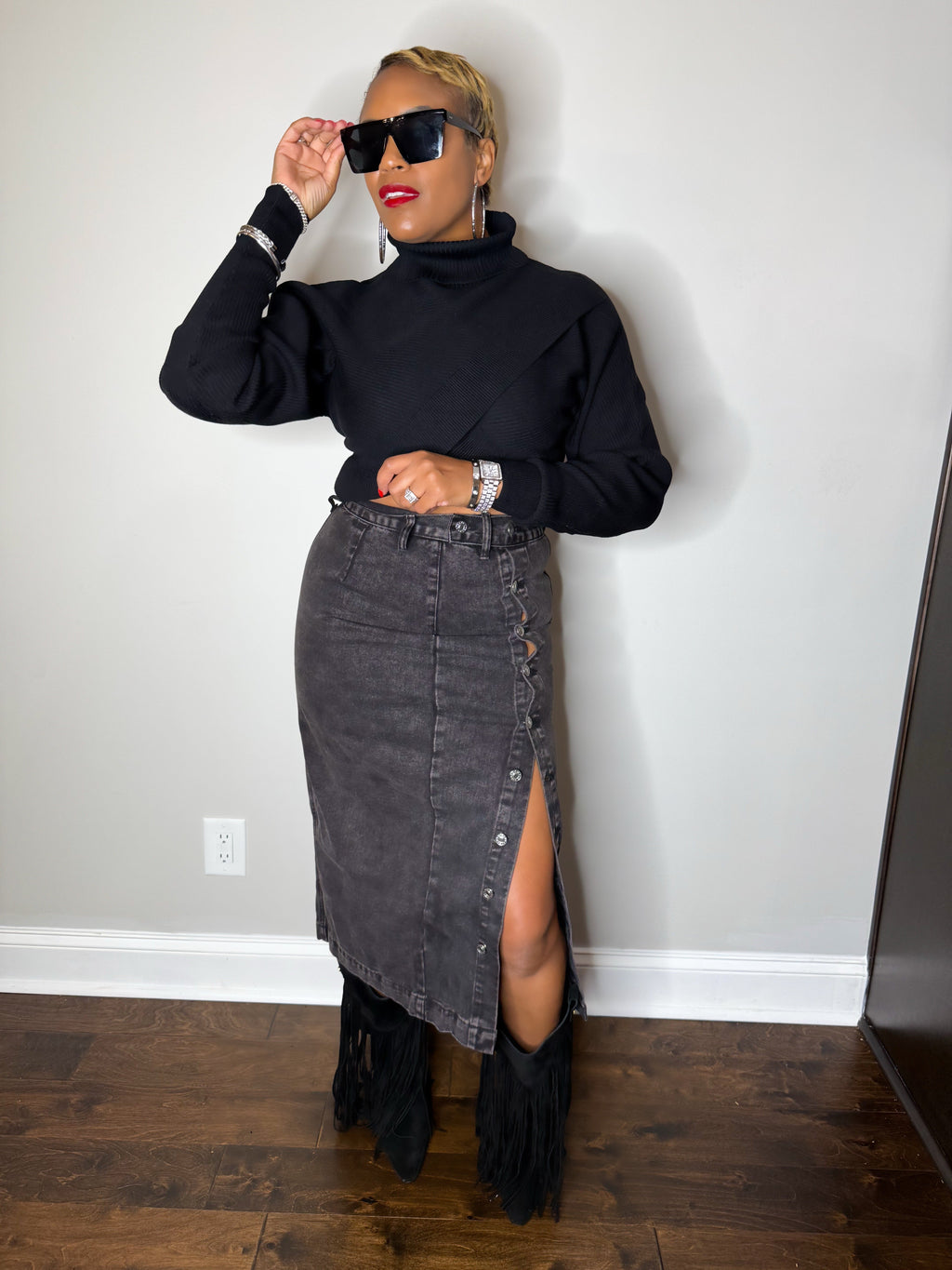 Black Side Button Denim Midi Skirt