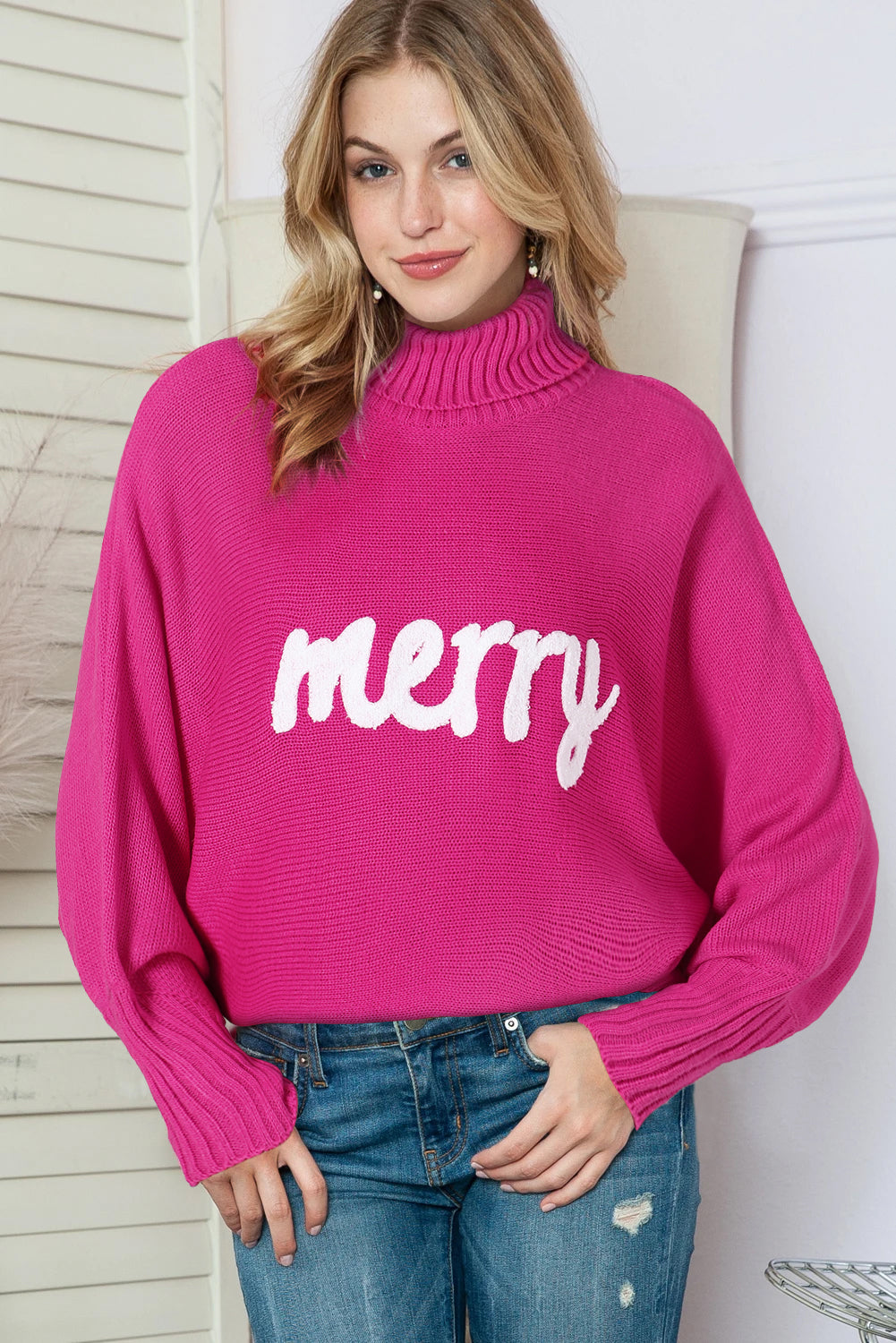 Christmas Merry Embroidered Puff Sleeve Turtleneck Sweater