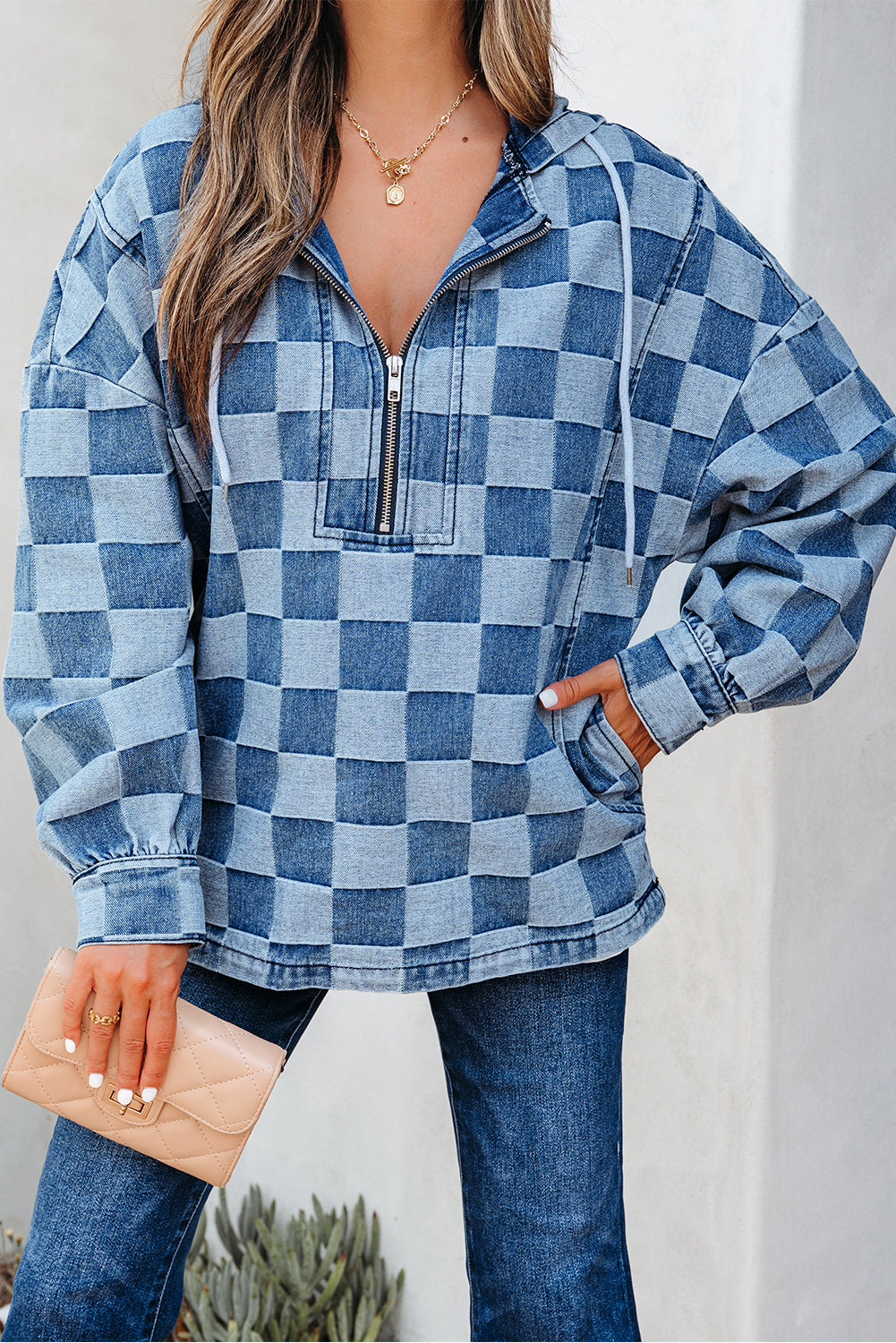 Checker Denim Half-Zip Pocketed Hoodie