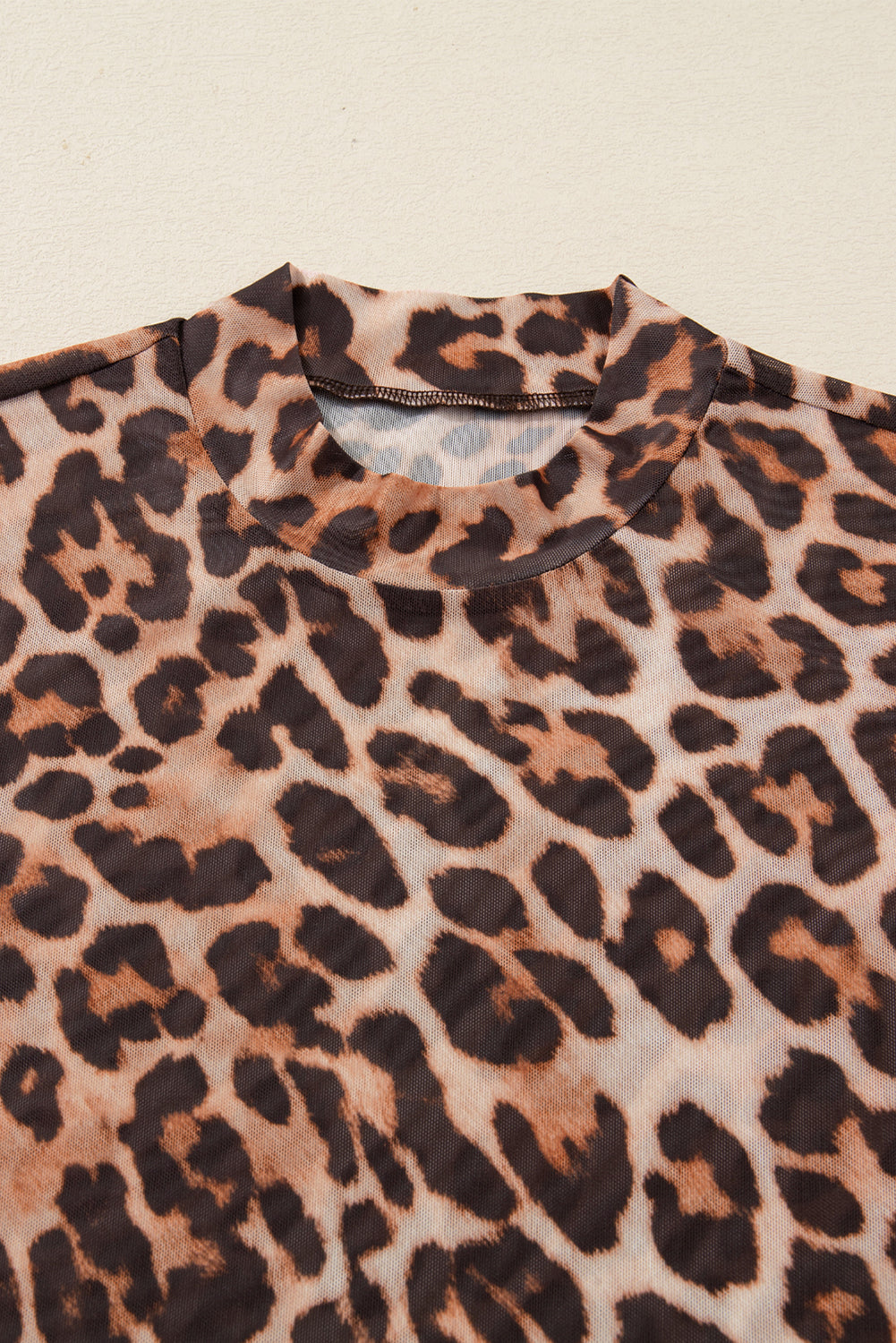 Leopard Mesh Mock Neck Long Sleeve Top