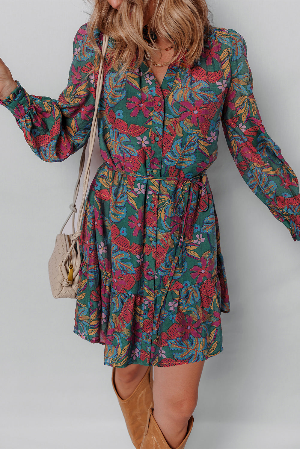 Floral Frilled V-Neck Puff Sleeve Ruffle Shirt Dress
