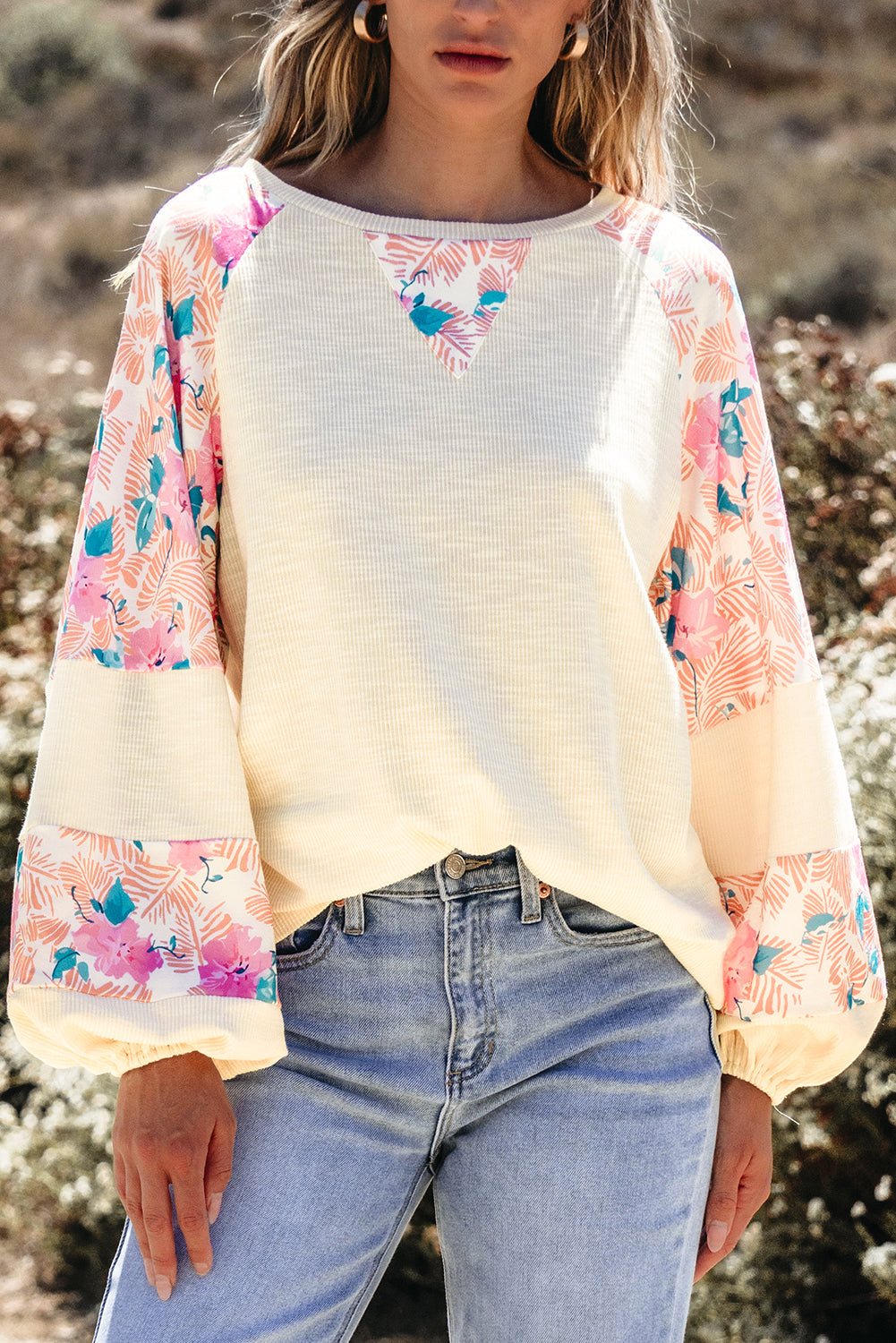 Floral Patchwork Balloon Sleeve Textured Blouse