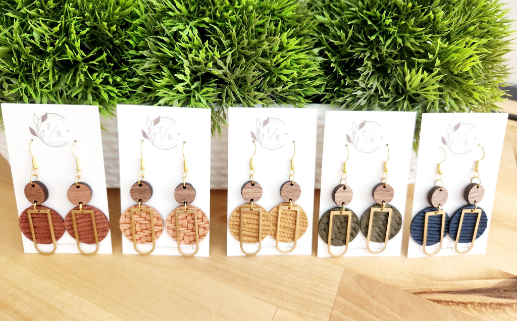 Blake| Leather circle earrings with wood and brass