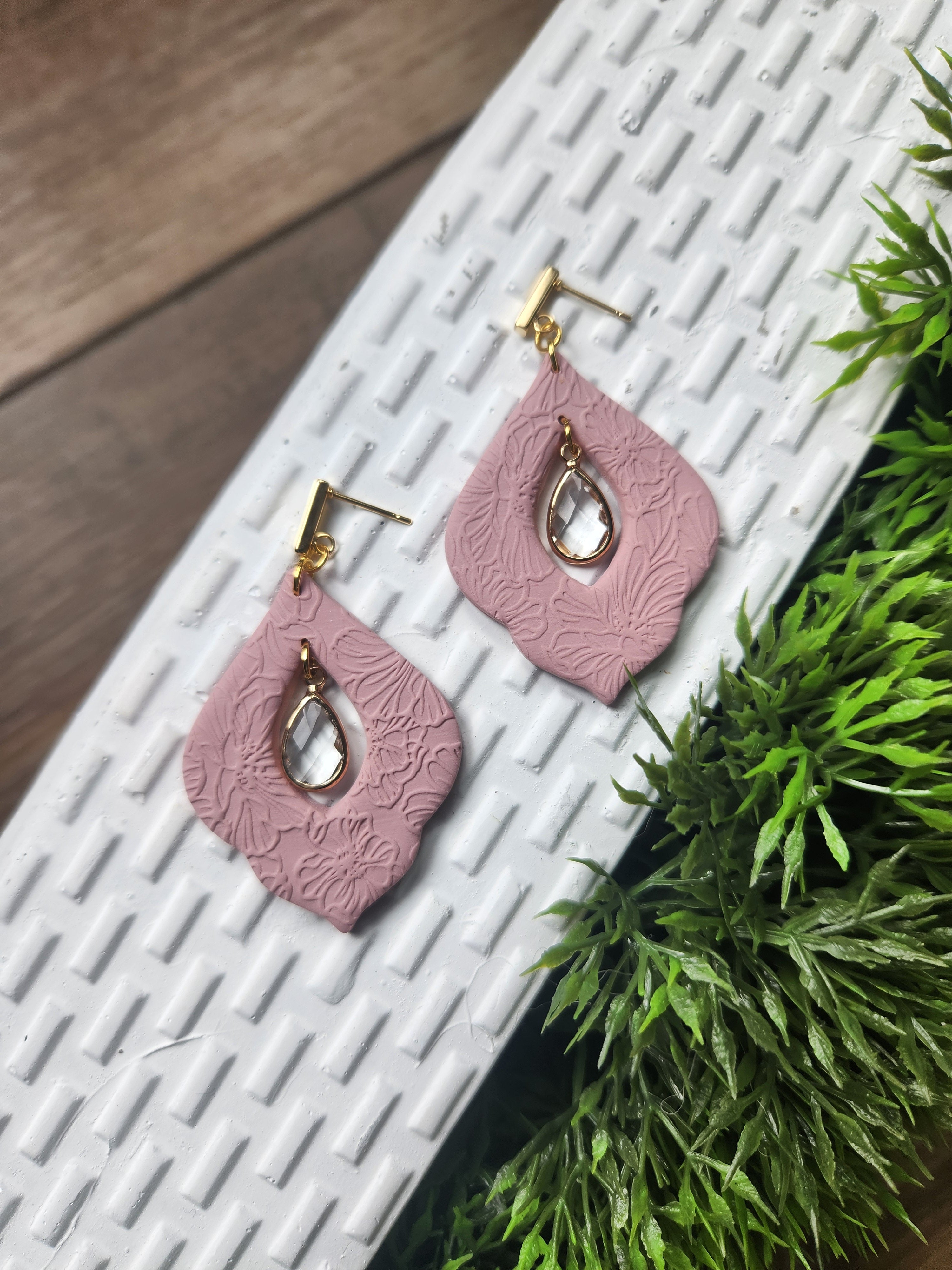 Willow| Floral clay earring with crystal teardrop