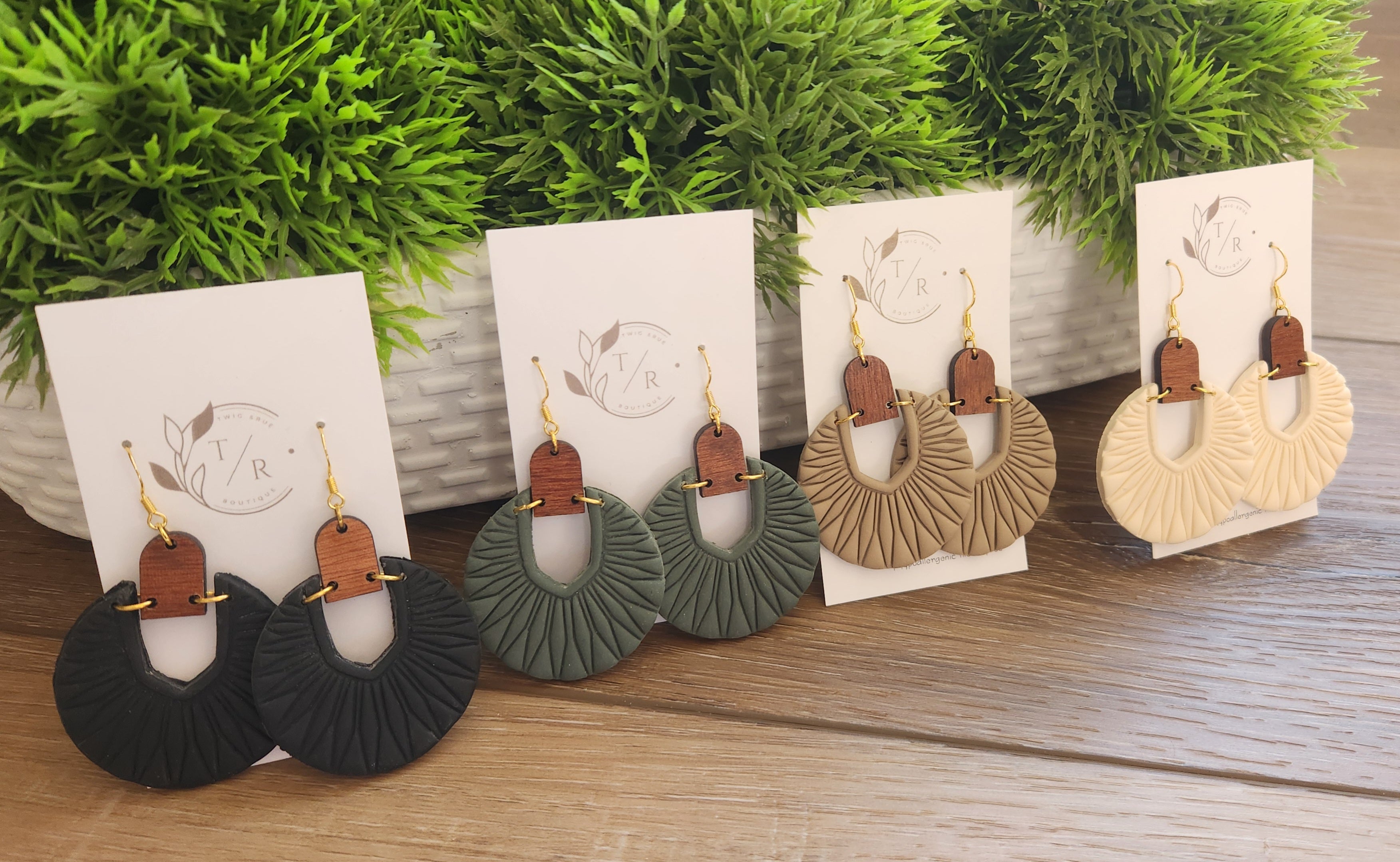 Luna|  Embossed Clay & Wood statement earring