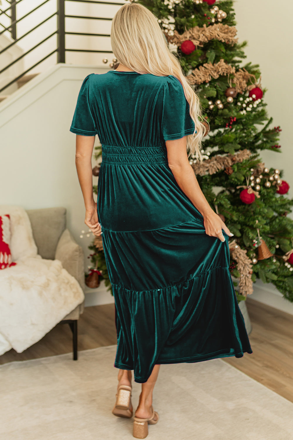 Velvet Shirred Waist Tiered Maxi Dress