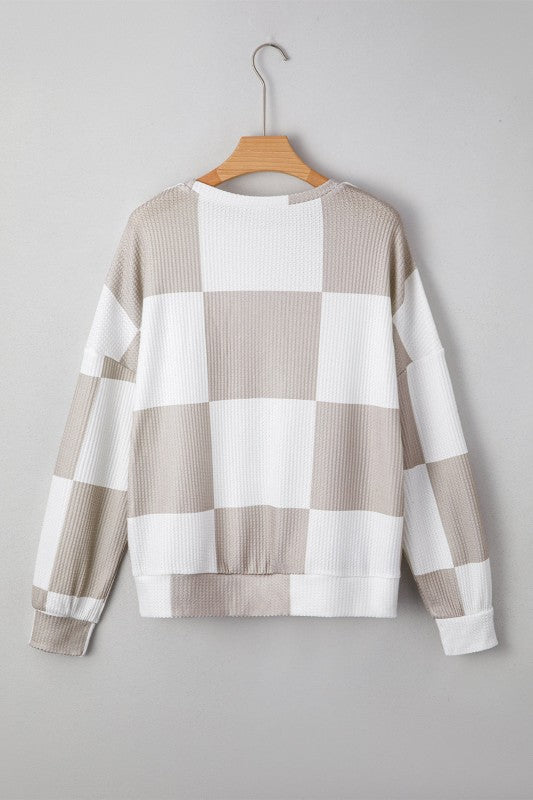 Checker Waffle Knit Long Sleeve Top
