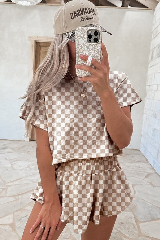 Checkerboard T Shirt High Waist Skorts 2 Piece