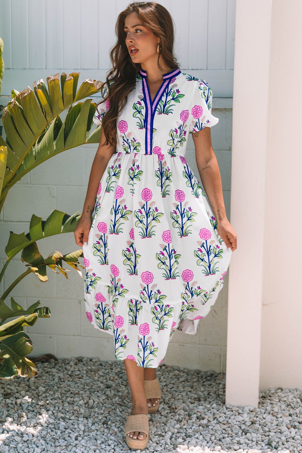 Floral Puff Sleeve V-Neck Maxi Dress