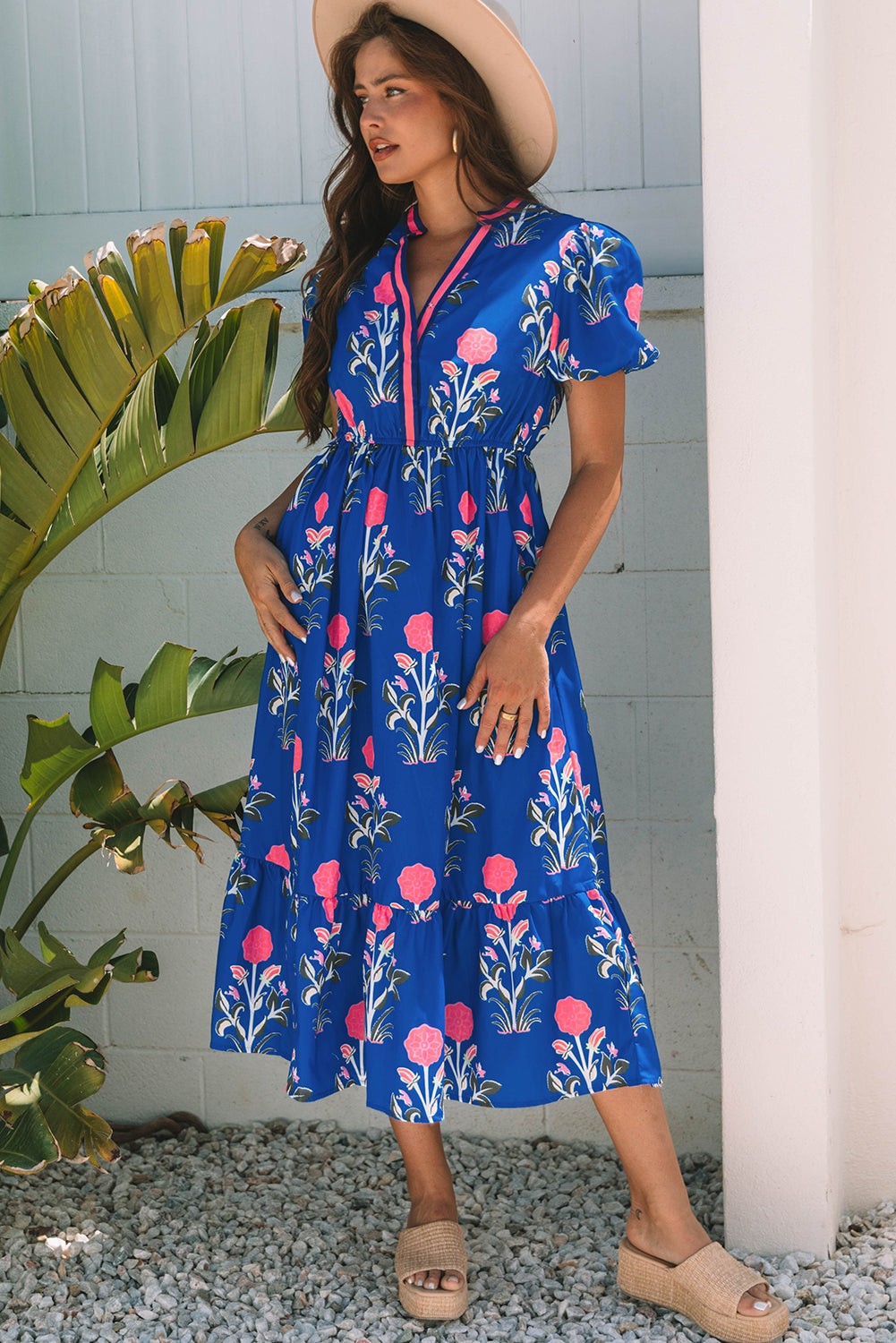 Floral Puff Sleeve V-Neck Maxi Dress