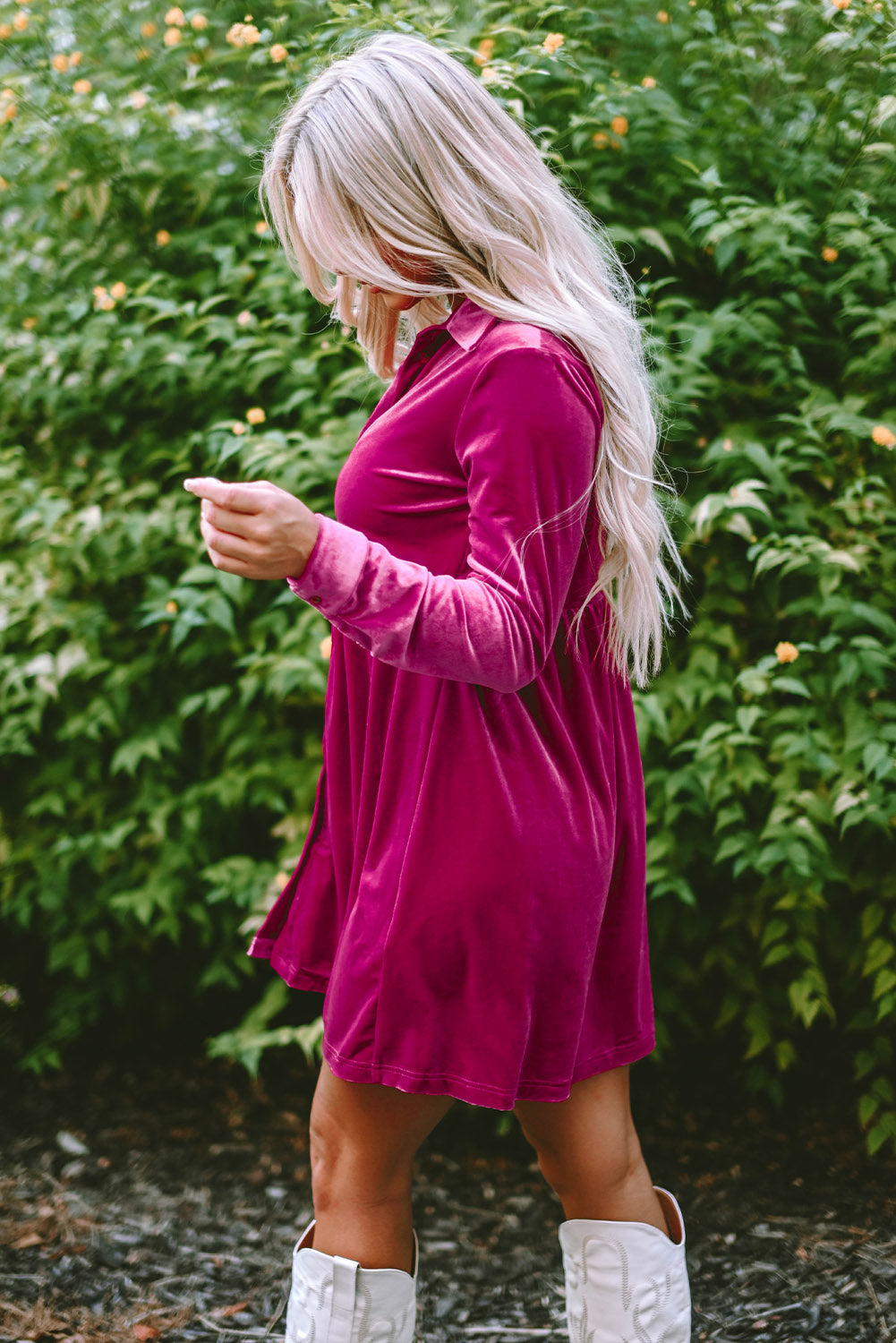 Velvet Button-Up Long Sleeve Ruffle Dress