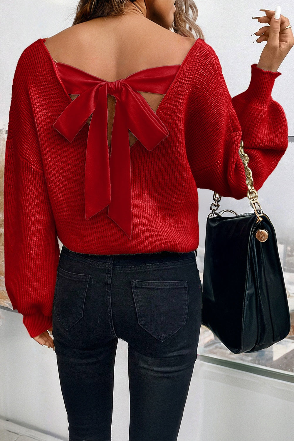 Bow Back  Lantern Sleeve V-Neck Sweater