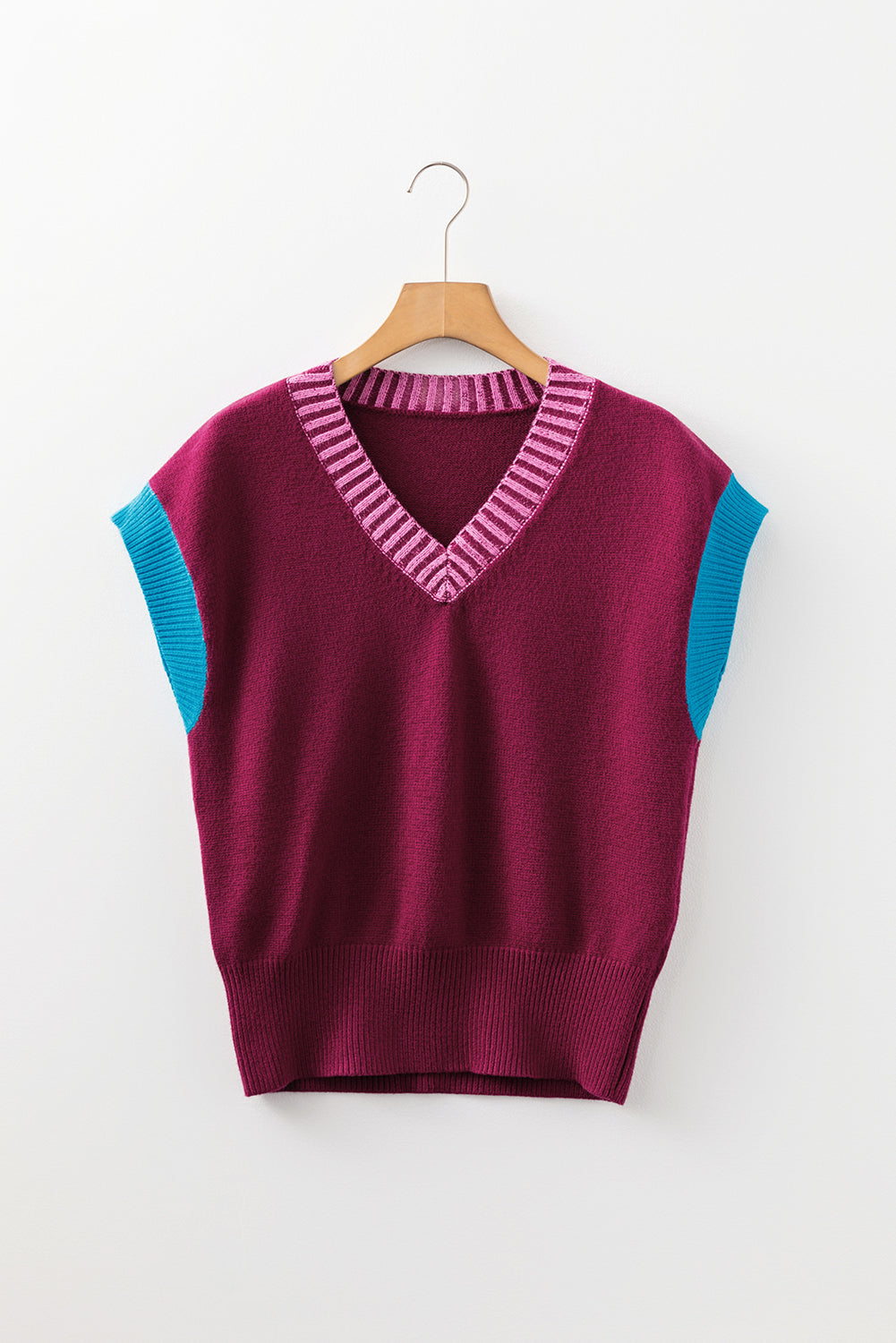 Colorblock V-Neck Cuffed Short Sleeve Sweater