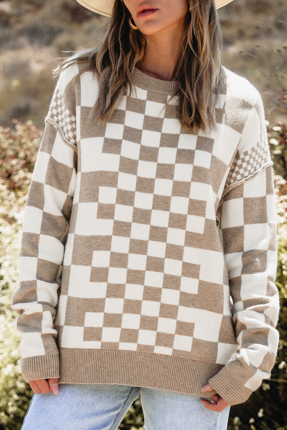 Checker Round Neck Drop Shoulder Sweater