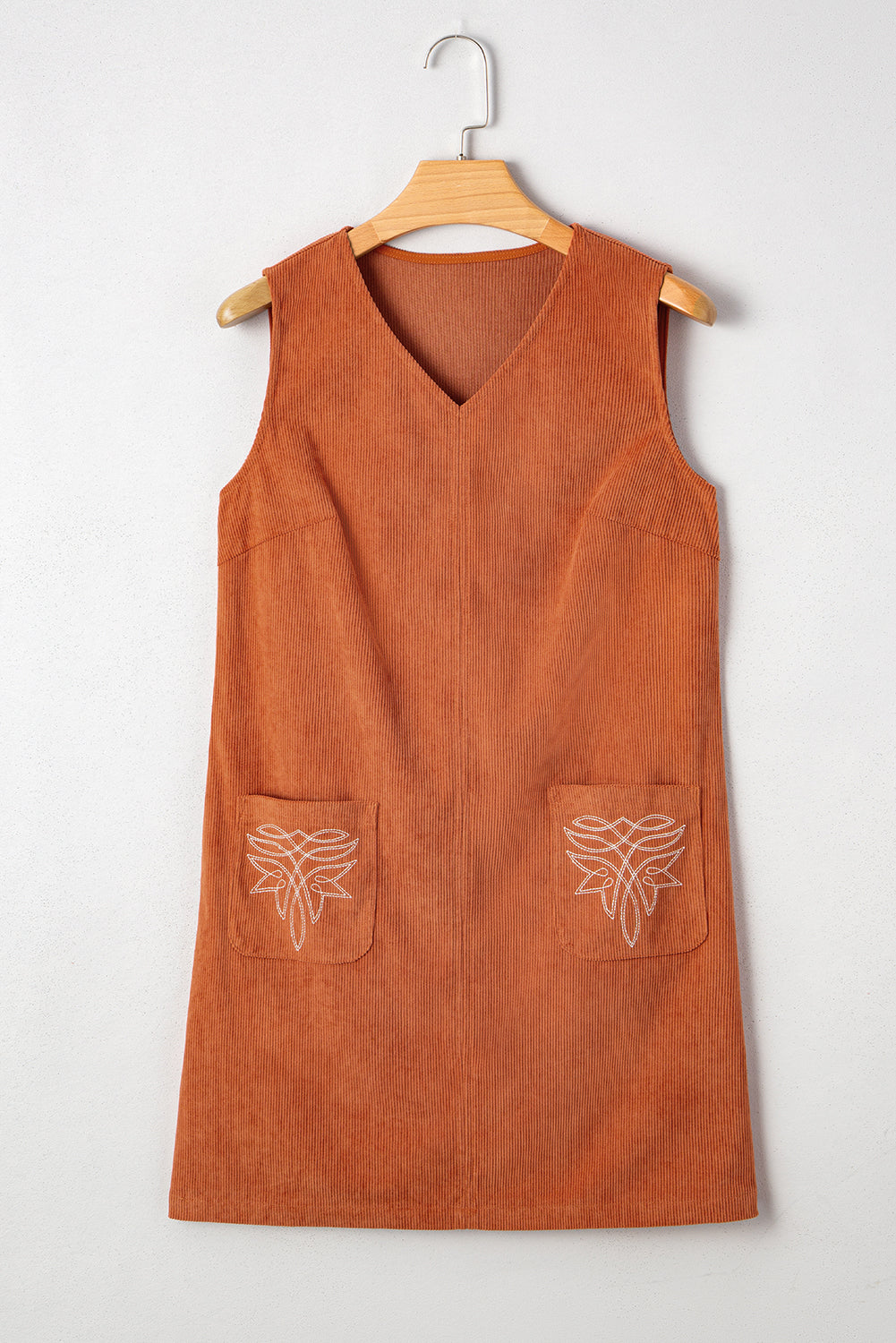 Western Corduroy Embroidered Patch Pocket Mini Dress