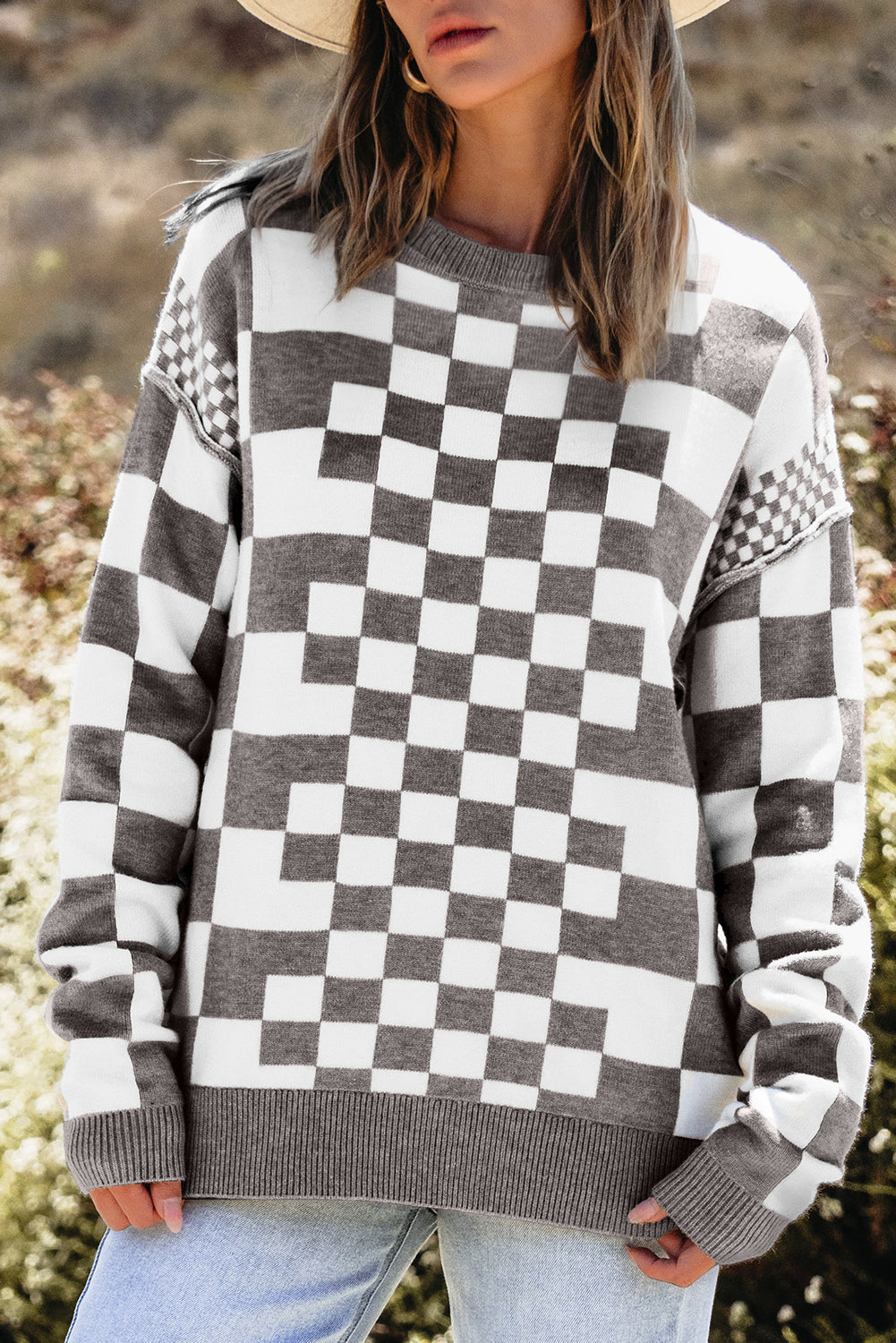 Checker Round Neck Drop Shoulder Sweater