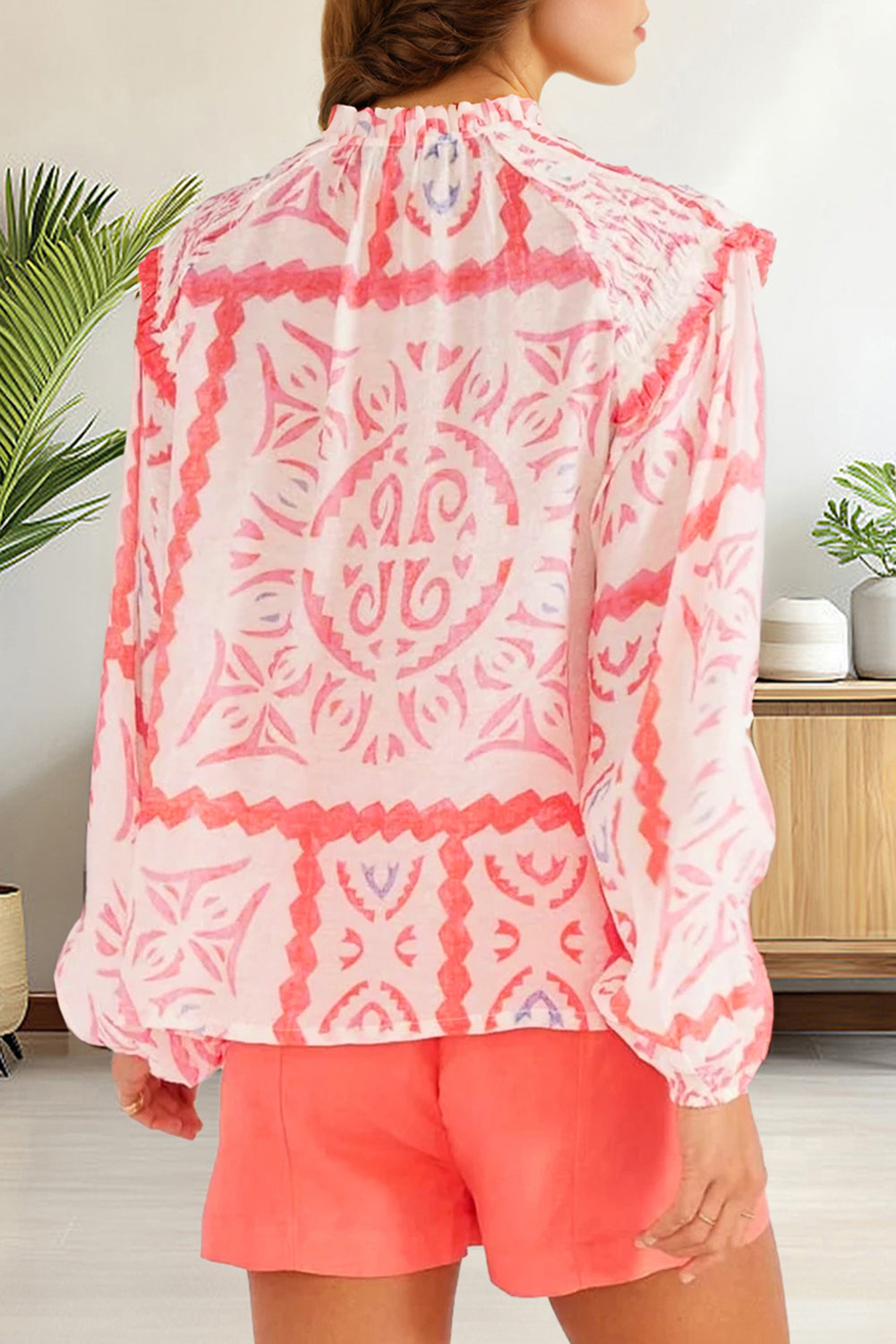 Abstract Poet Collar Smocked Long Sleeve Blouse