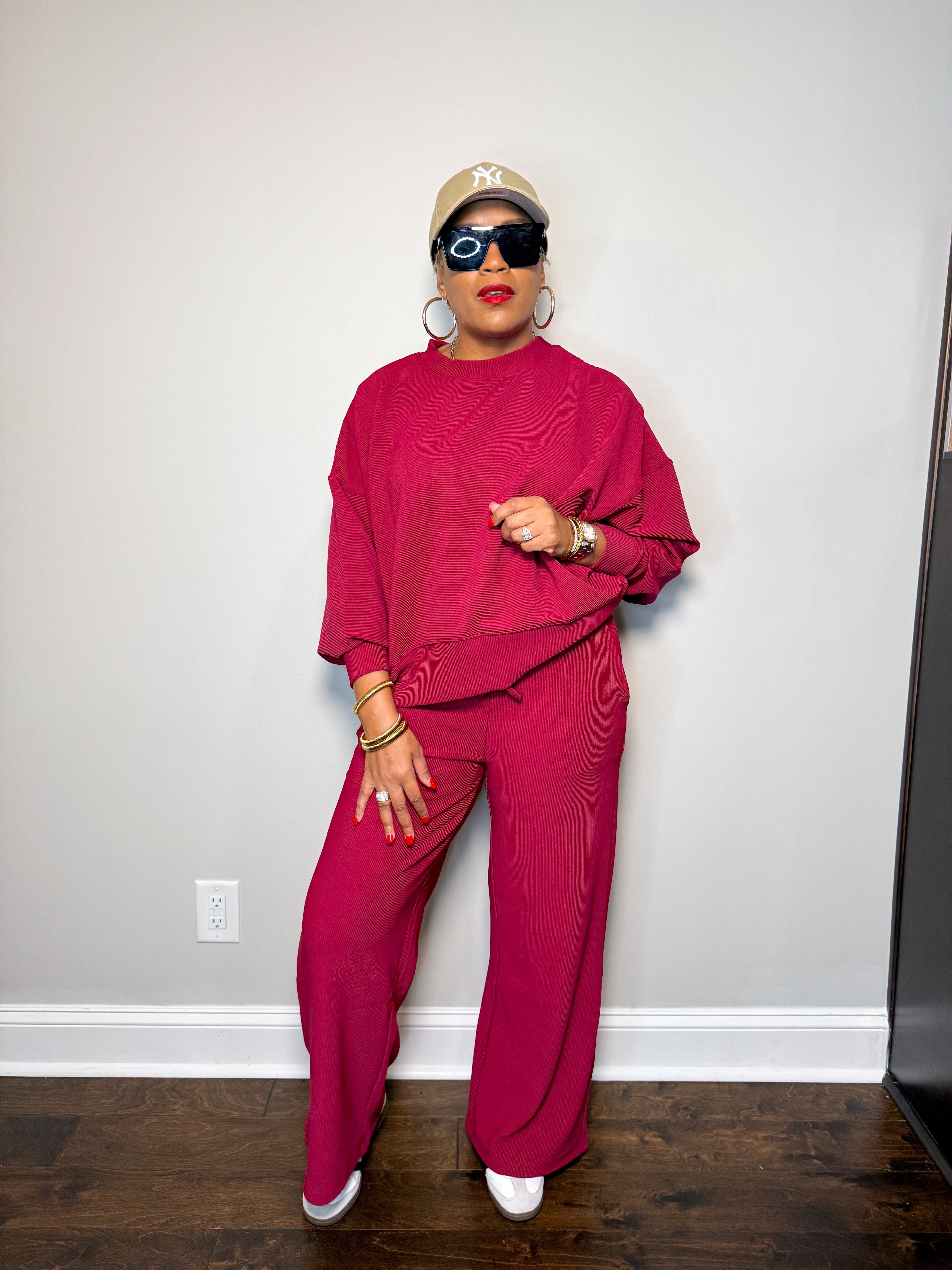 Wine Ribbed Lounge Set | Oversized Top & Wide Leg Pants