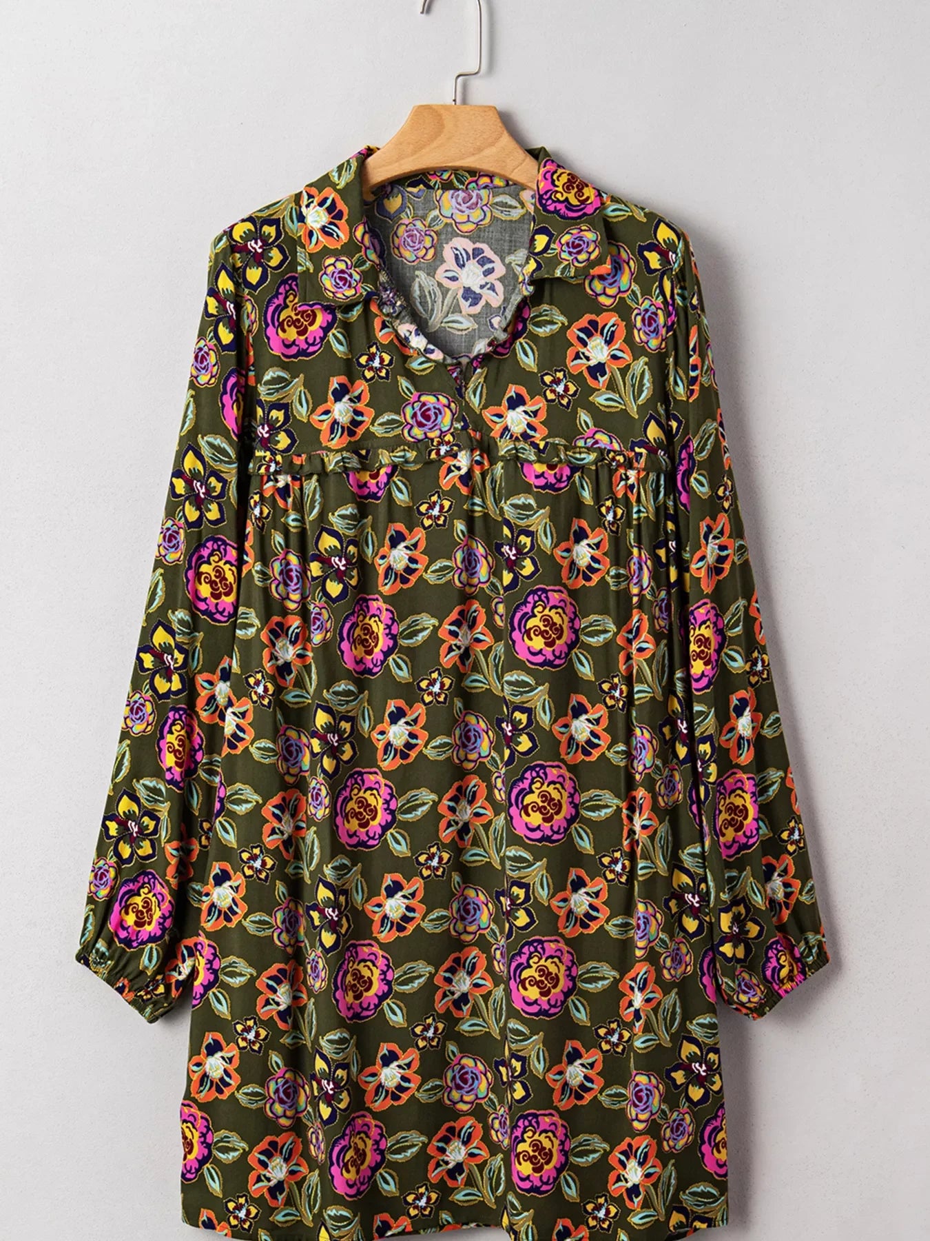 Floral Print Split Neck Bubble Sleeve Shift Mini Dress