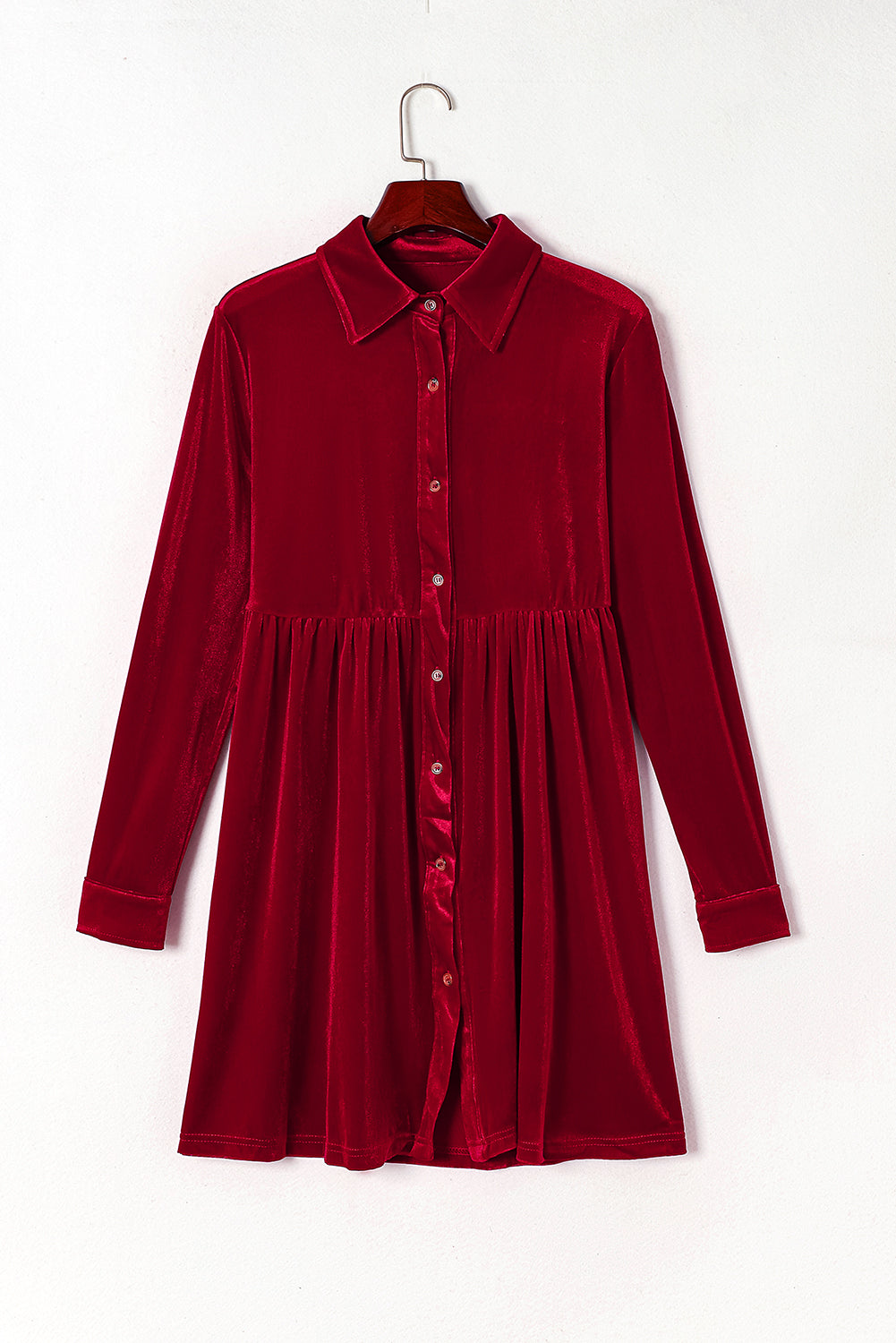 Velvet Button-Up Long Sleeve Ruffle Dress
