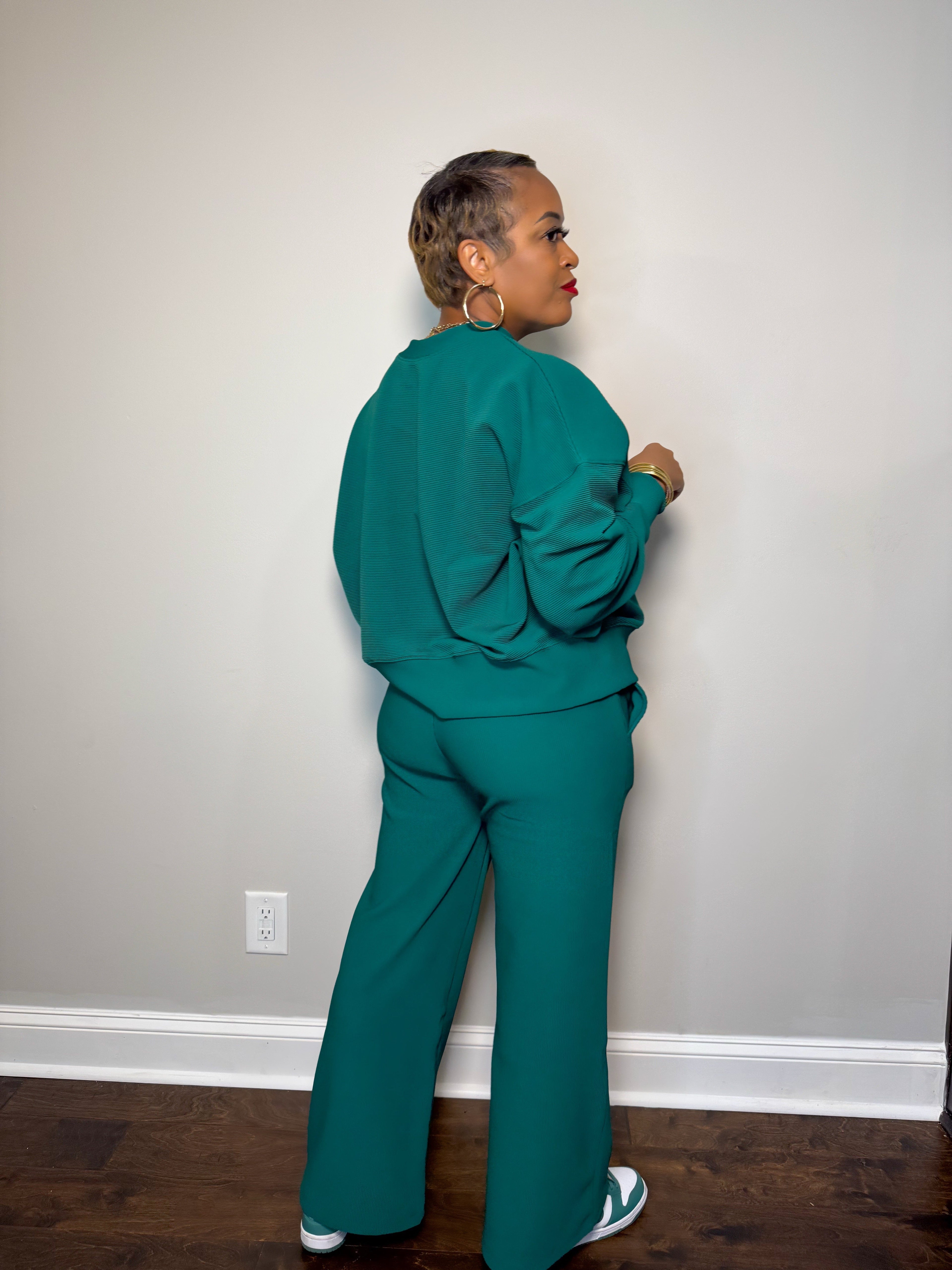 Hunter Green Ribbed Lounge Set | Oversized Top & Wide Leg Pants
