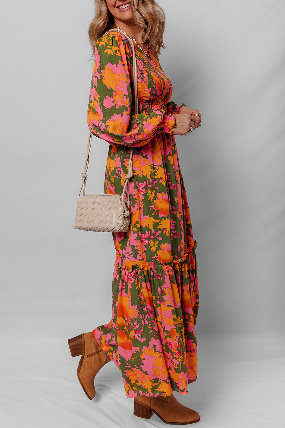 Floral Puff Sleeve Smocked Ruffle Maxi Dress