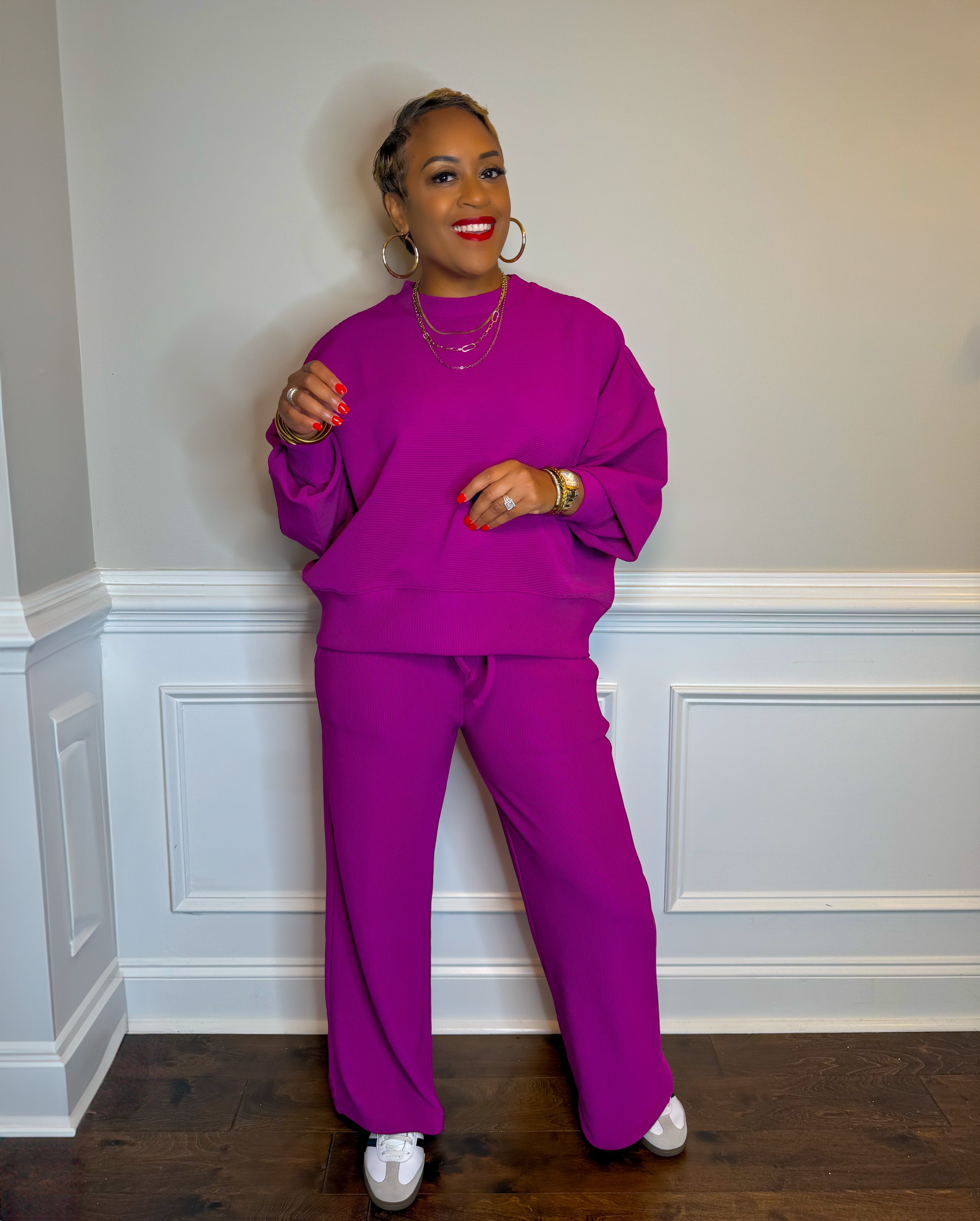 Light Plum Ribbed Lounge Set | Oversized Top & Wide Leg Pants